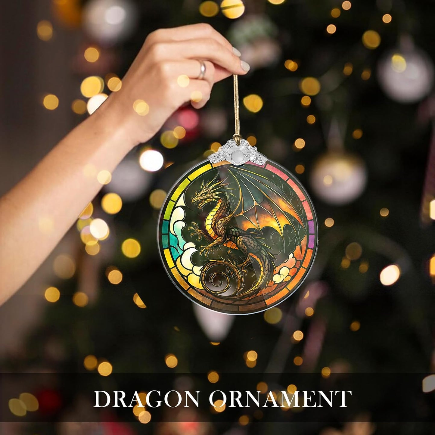 Dragon Stained Art Window Hanging – Fantasy Dragon Ornament for Christmas Tree or Home Decor – ACOTAR Fourth Wing DnD Gift – Dungeons and Dragons Decor for Fans