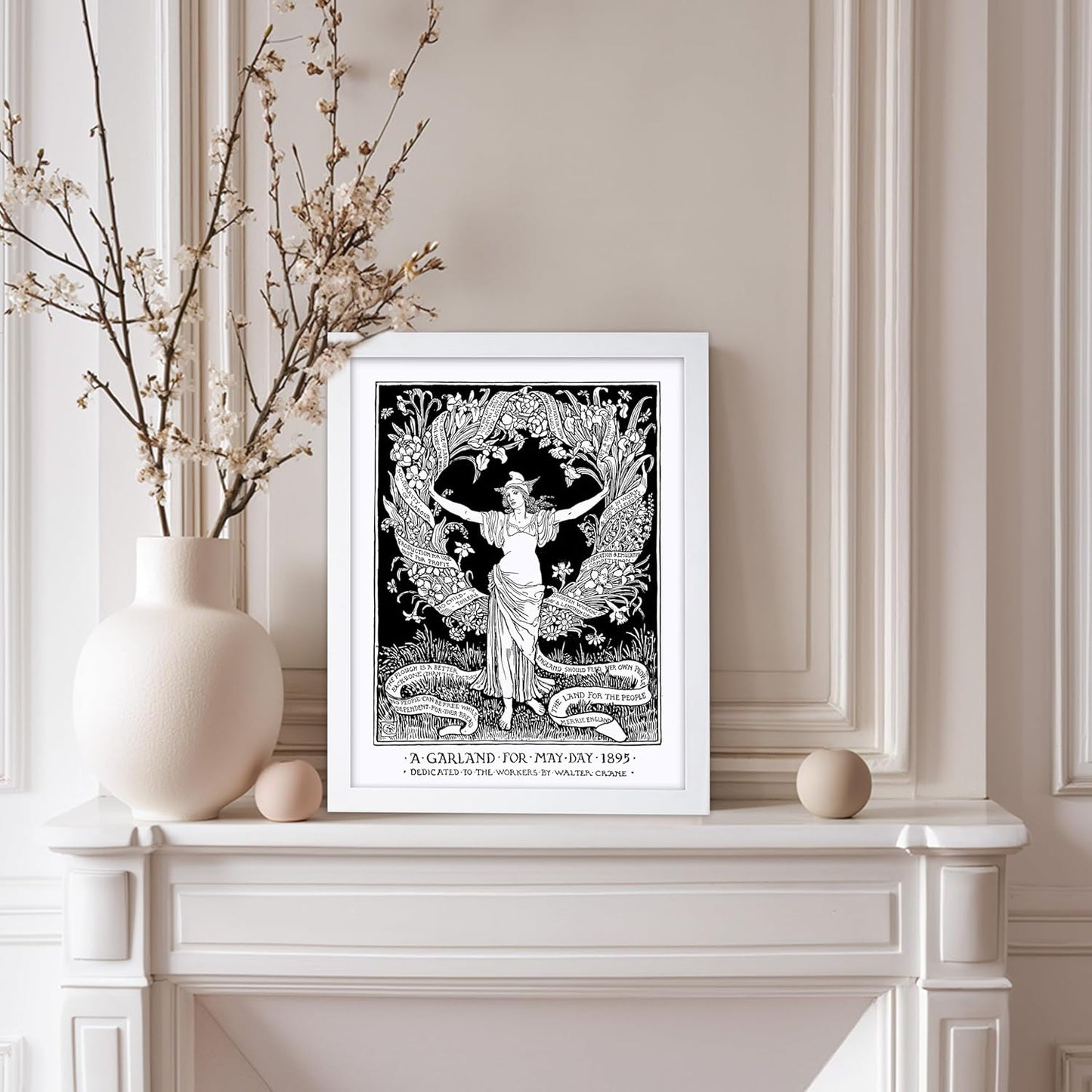 Poster Master Vintage Walter Crane Poster - Retro A Garland for May Day Print - Socialist Art - Gift for Him, Her, Men, Women - Wall Decor for Home, Office, Living Room, 8x10 White Framed