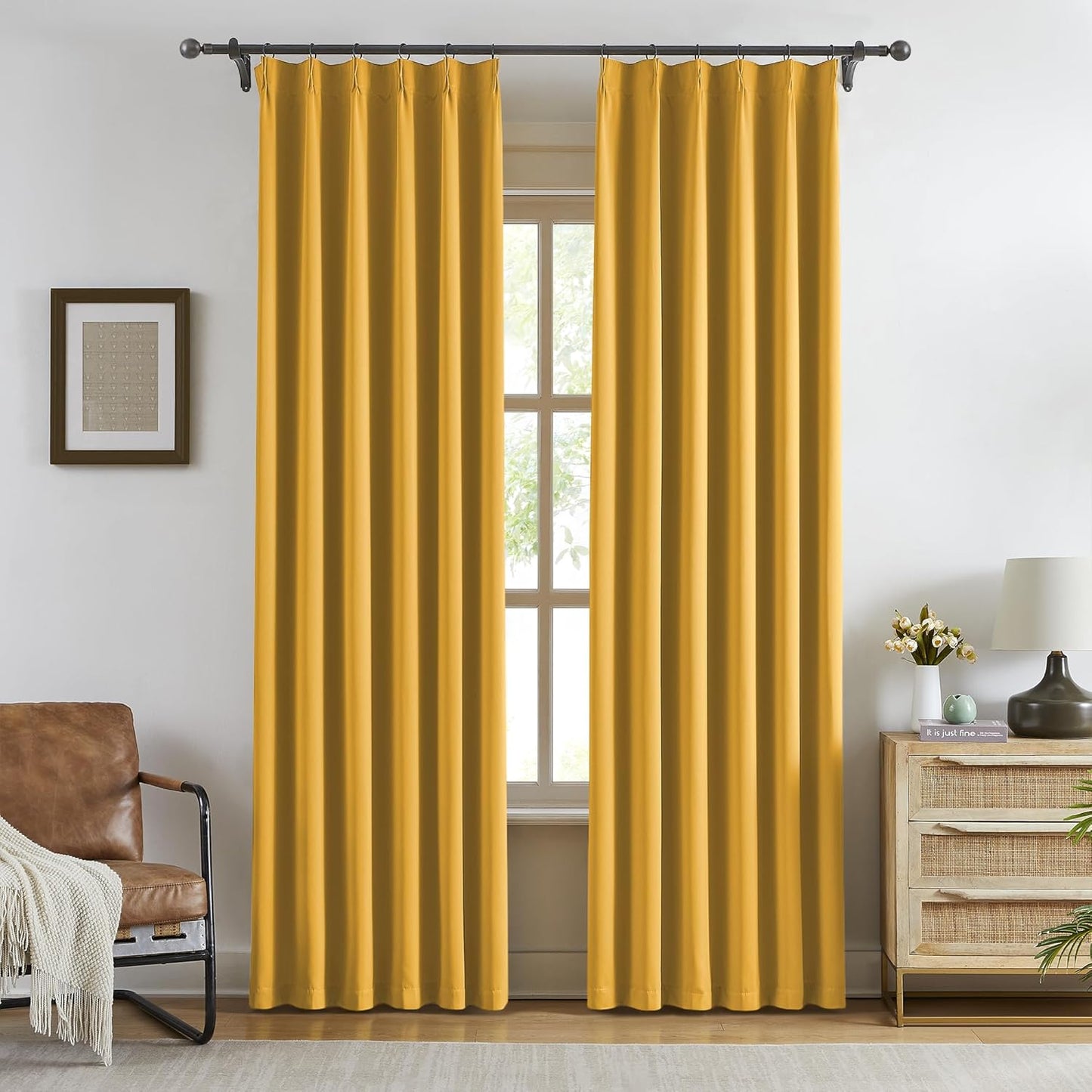 KangBang Yellow Pinch Pleated Curtains 90 Inches Long for Bedroom, Blackout Energy Saving Neutral Modern Pinch Pleat Curtains & Drapes with Adjustable Hooks 2 Panels,40Wx90L