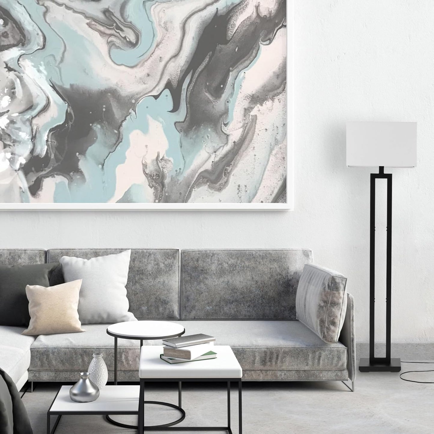 GLOBE Electric 67046 58" Floor Lamp, Matte Black Finish, White Linen Rectangular Shade, Modern Geometric Cutout Design, E26 Base