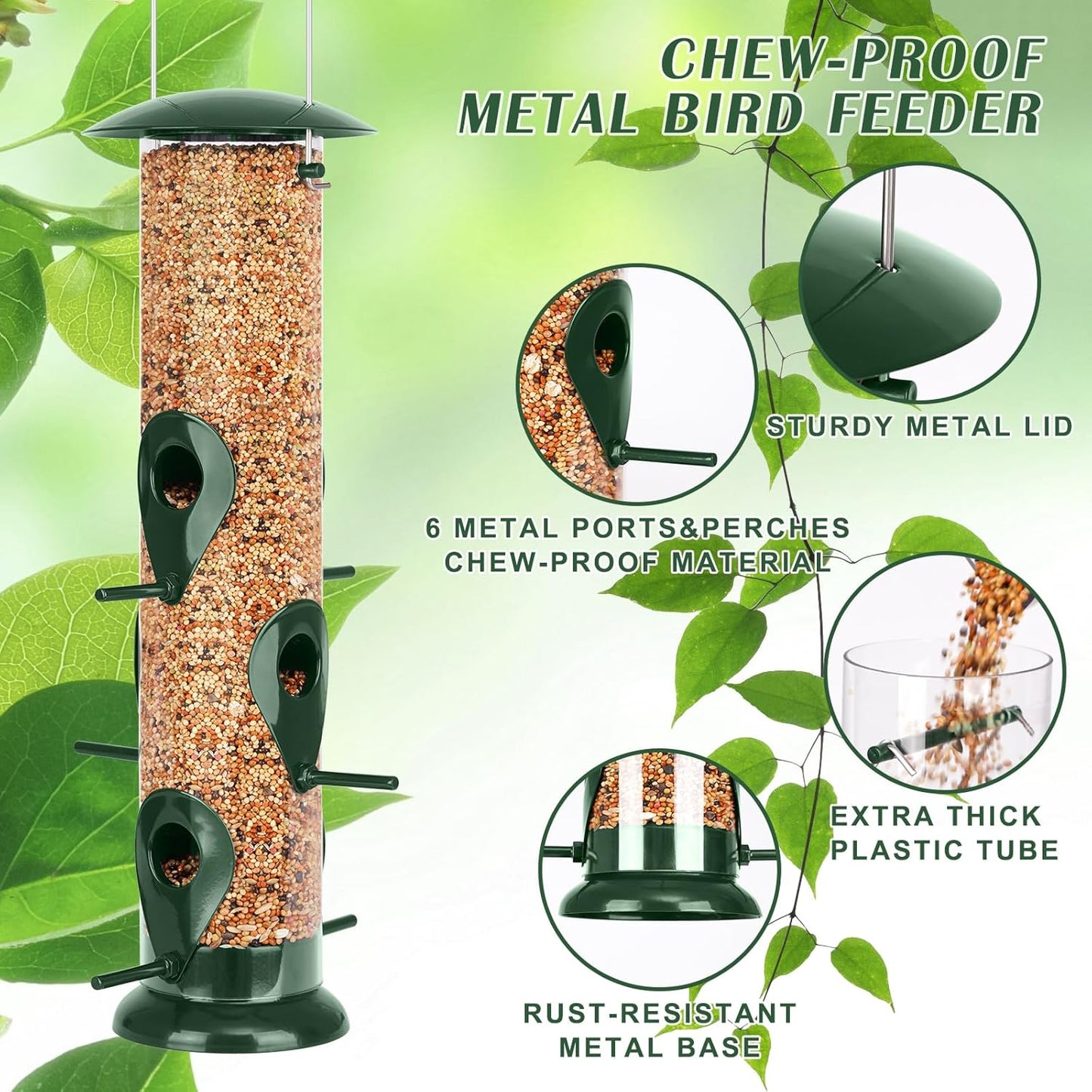 FEED GARDEN Metal Tube Bird Feeders for Outdoors Hanging, 6-Port Bird Feeder for Outside, Finch Feeders for Outside, Squirrel Proof Bird Feeders with Heavy Duty Metal Lid, Chew-Proof, 13 Inch Green