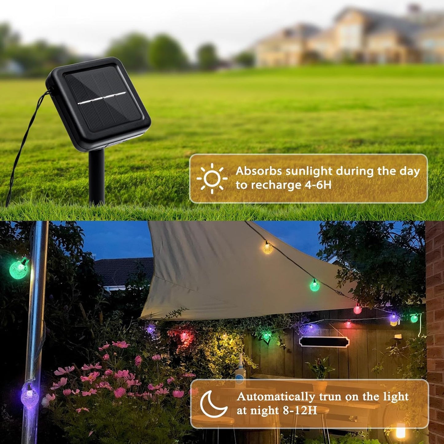 Outdoor Solar String Lights, 46FT 66LED 8Modes Crystal Color Solar Powered Christmas Fairy String Lights for Outside Yard Fence Easter Holiday Party Camping Porch Balcony Decor(Multicolor)