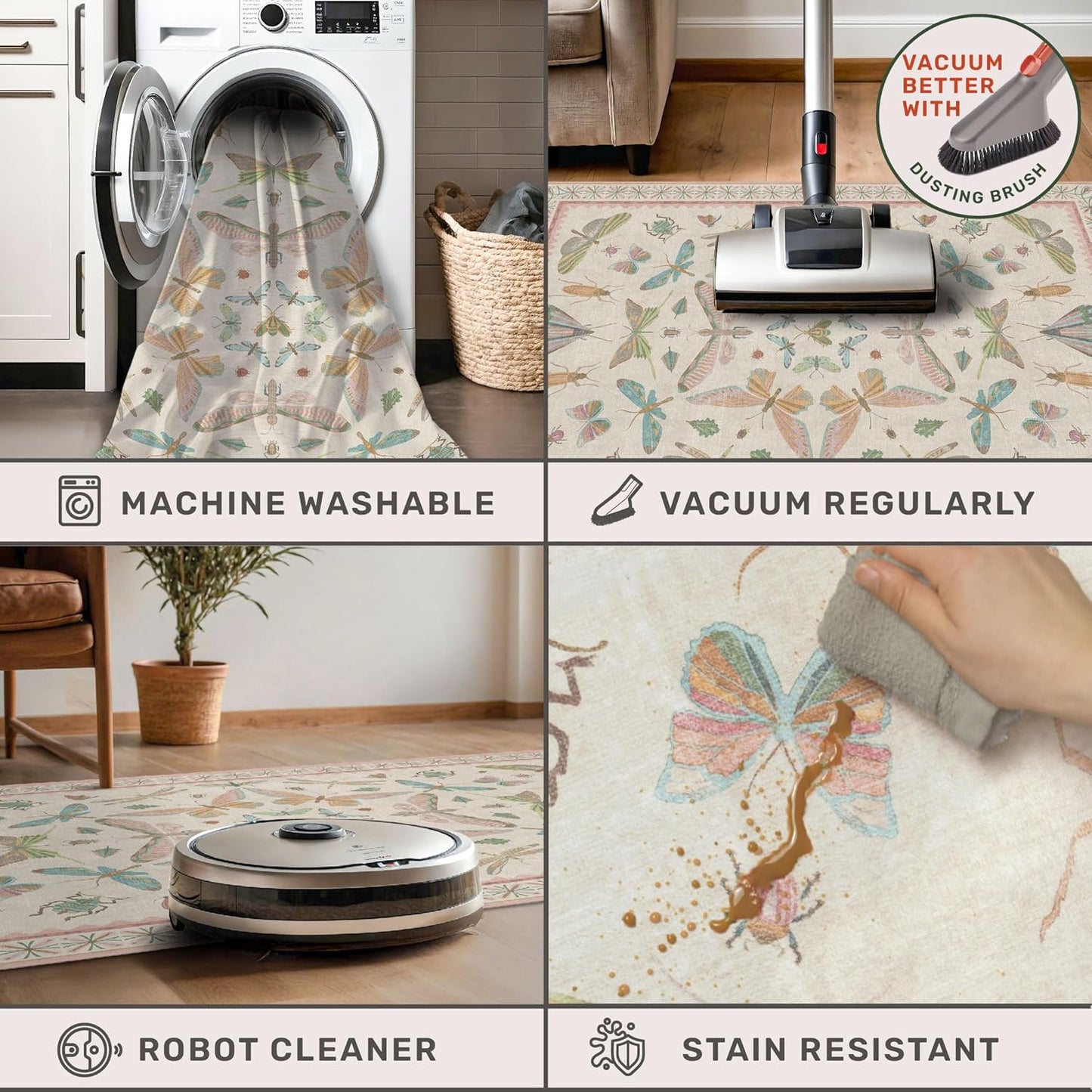 Floral Pink Rugs for Bedroom Girls 6x9 - Insect Print Cute Girly Rug for Living Room, Dining Room Under Kitchen Talbe, Washable Low Pile Vintage Bug Art Nouveau Home Decor