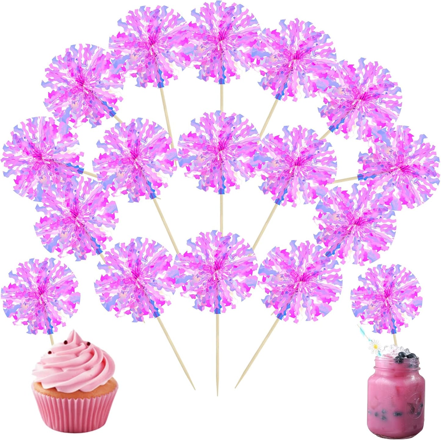 Ephlyn 30Pcs Foil Firework Cupcake Toppers Happy Birthday Cake Toppers Tinsel Flower Drink Stirrers Cocktail Food Fruit Toothpicks for Valentine's Day Party Decorations Rose Red