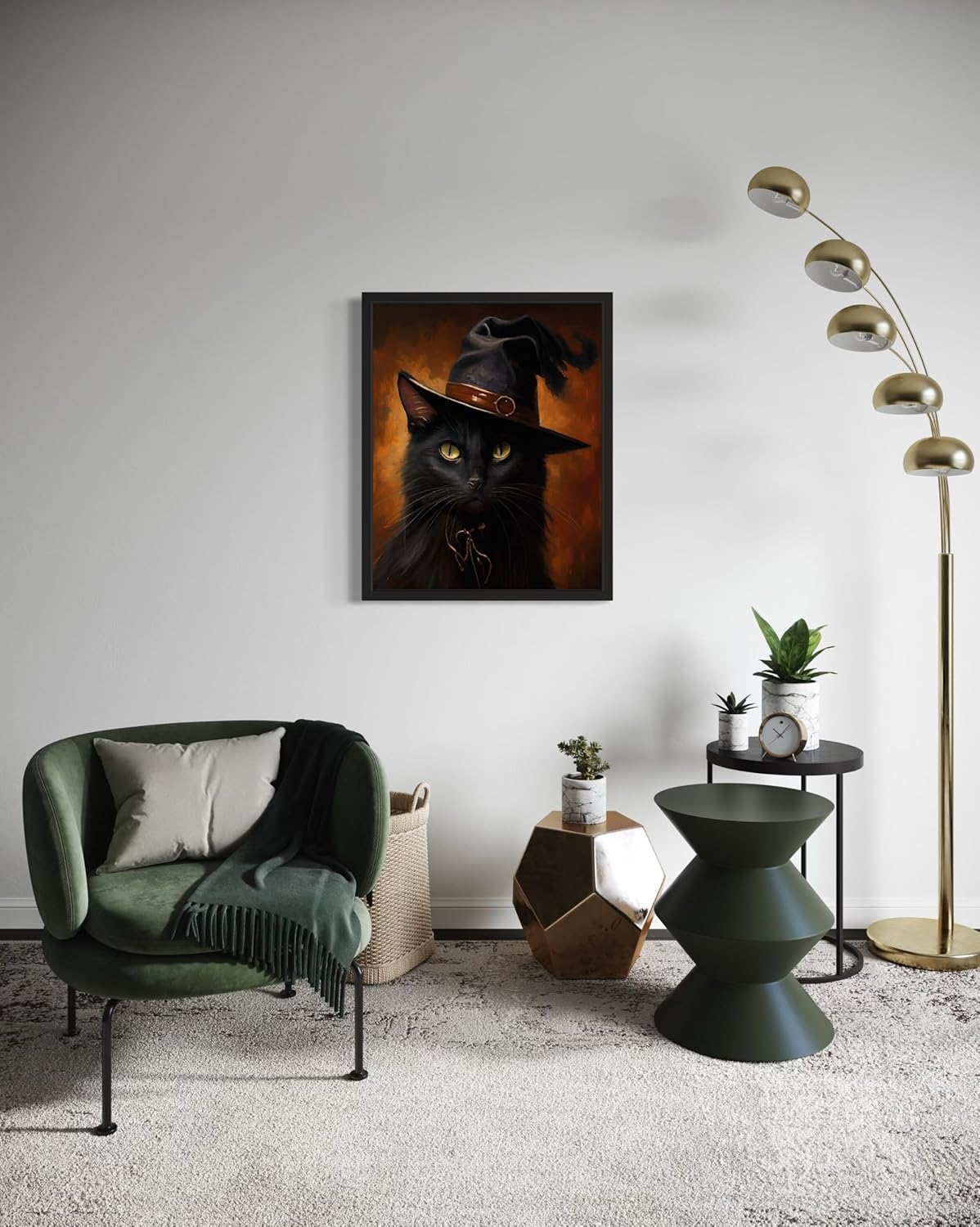 Witch Cat Poster Art Print, Halloween Scary Vintage Wall Art Academia Spooky Painting Decoration for Horror Prints, Gothic Posters Bedroom Decor 89 (Witch Cat, 16 x 20 inches, Black Frame)