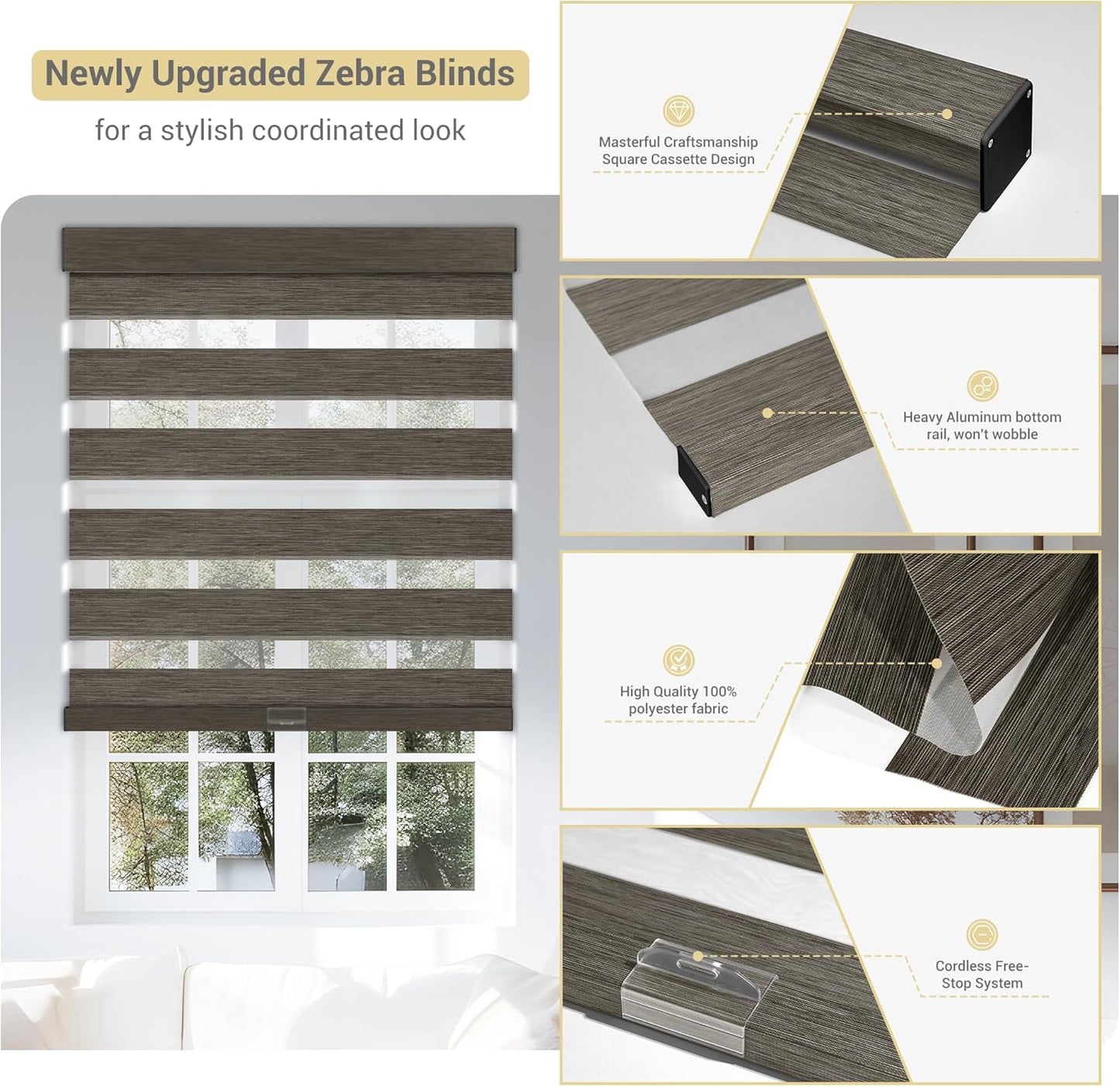 Cordless Zebra Blinds for Windows, Blackout Interior Blinds,Easy to Install,UV Protection,for Offices and Home,Custom Roller Shades, Solid White, 12" W x 64" H