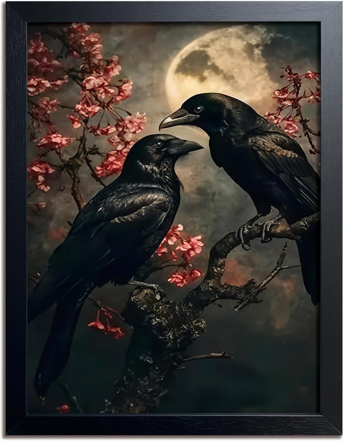 Black Wood Framed Halloween Canvas Wall Art Painting, Vintage Black Crow Cherry Blossom Wall Decor Picture, Dark Academia Gothic Poster Print Photo for Living Room Bedroom Office Decor 16x24 Inch