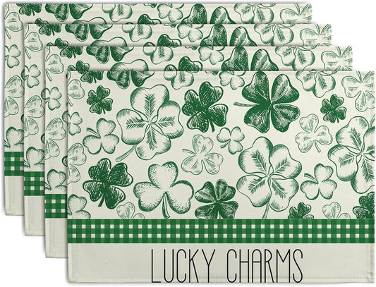 Green Shamrock St Patricks Day Placemats Set of 4 Lucky Clover Plaid Check Table Mat 12x18 Inch St. Patrick's Day Seasonal Holiday Place Mats Spring Linen Placemat for Party Kitchen Dining Decor
