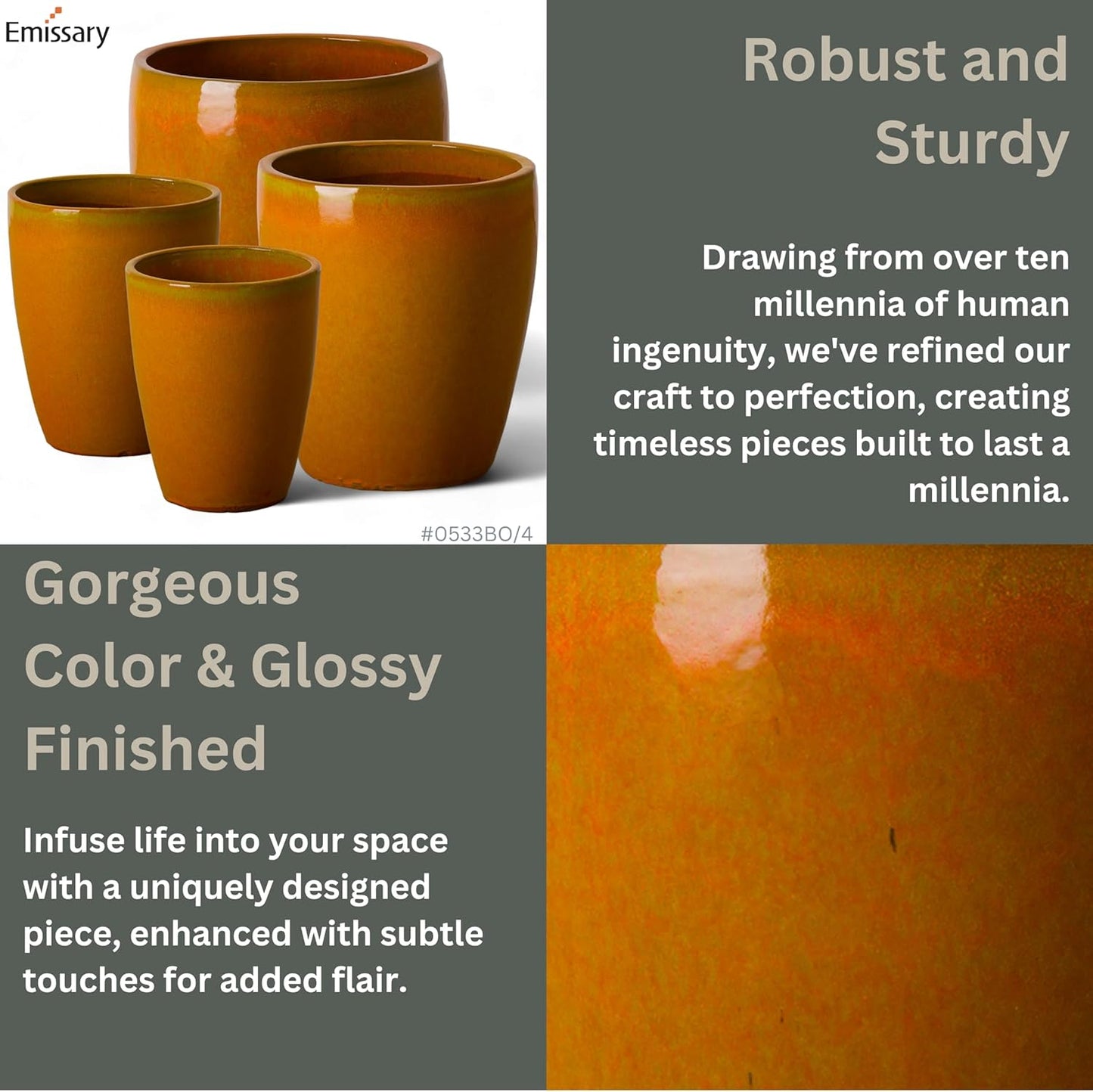 Emissary Bullet 9.5 in. Bright Orange Ceramic Round Planter (9.5 in. L x 9.5 in. W x 12 in. H) with Drainage Hole