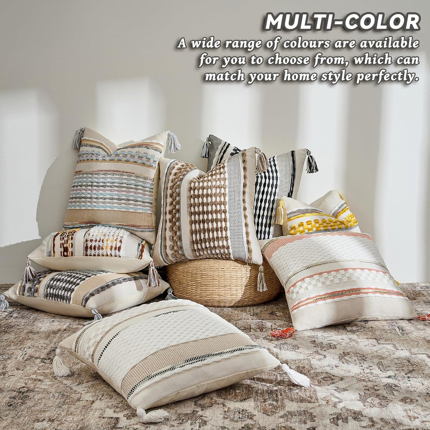 AmHoo Set of 2 Chenille Striped Textured Boho Throw Pillow Covers Aesthetic with Tassels Woven Decorative Pillow Case for Couch Bed Sofa Bedroom Modern Funky 18 x 18-Inch White Orange