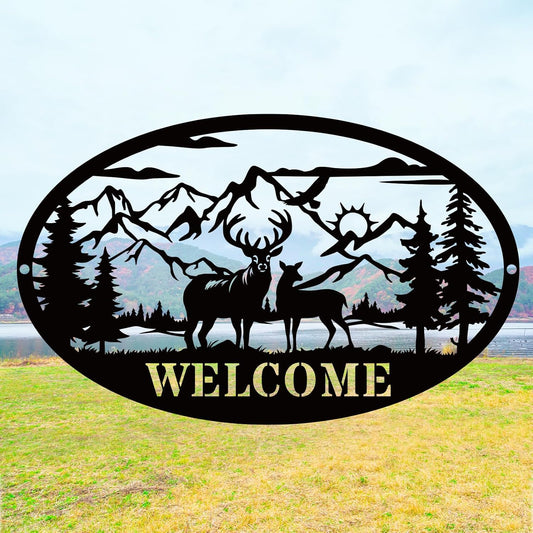 Rustic Metal Deer Cabin Sign, Outdoor Welcome Sign for Front Porch, Great Gift for Hunters, Farmhouse Cabin Decor