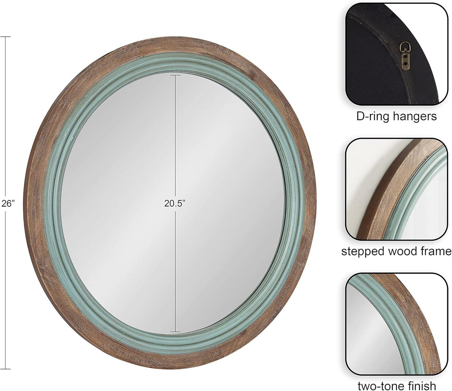 Kate and Laurel Palmer Rustic Farmhouse Round Wooden Mirror, 26 Inch Diameter, Blue and Rustic Brown, Modern Circle Decorative Wall Mirror with Paint Distressing