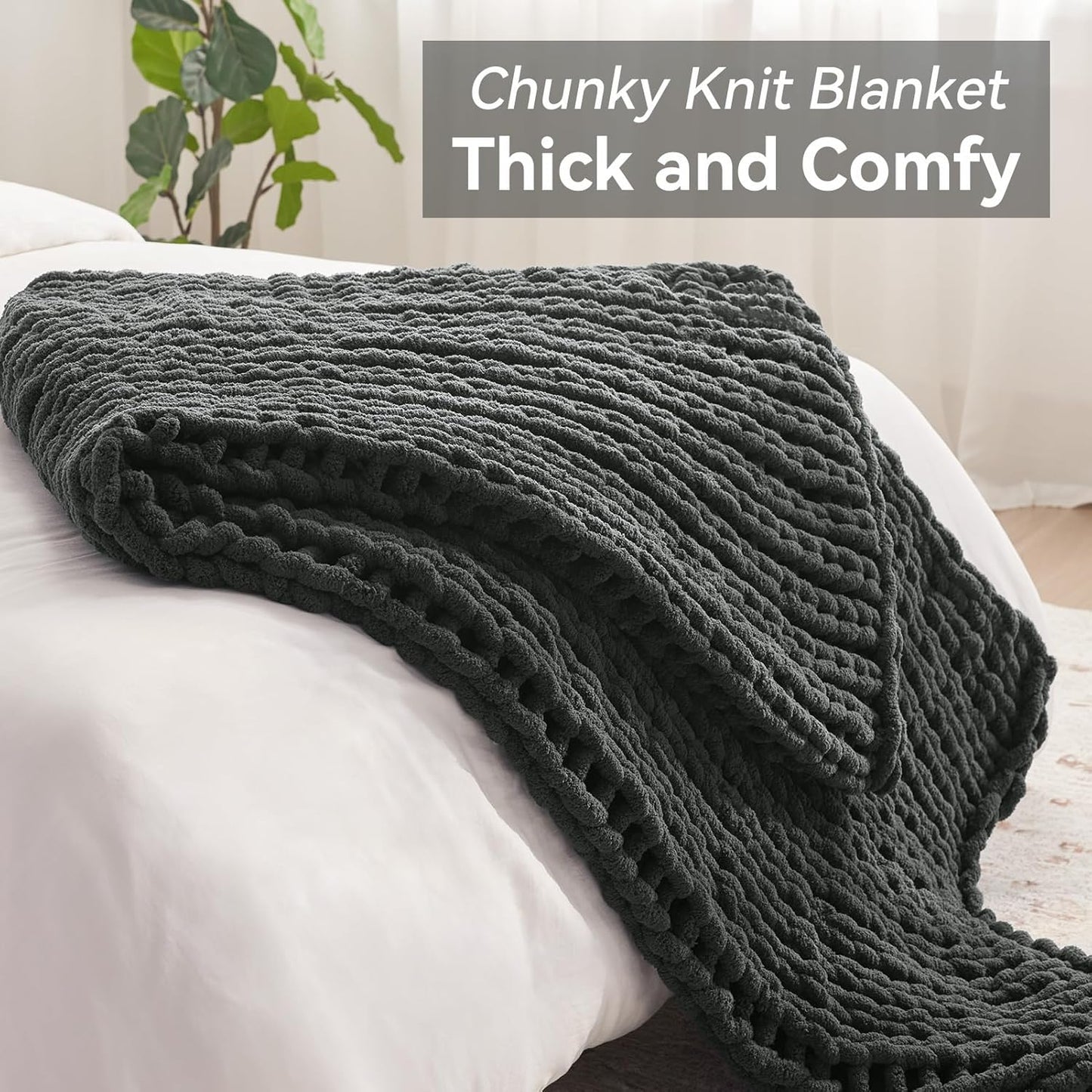 Chunky Knit Throw Blanket, 60''*80'' Knitted Throw Chenille Yarn for Bed Couch, Handmade Dark Grey Crochet Big Thick Blanket, Machine Washable Cute Comfy Blanket for Home Decor