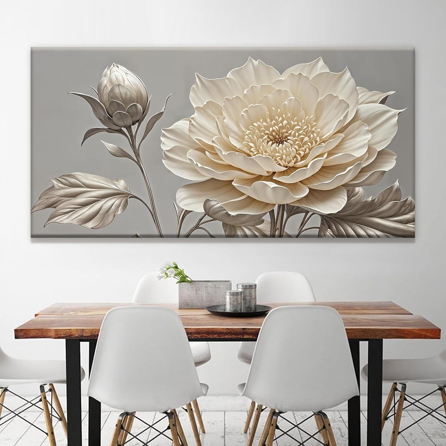 QSQ Large Wall Art Living Room Home Wall Decor Modern Canvas Art Wall Decor 29 X 58 Inches White Flower Wall Art Painting Print Elegant Silver White Flower Picture For Bedroom Office Artwork