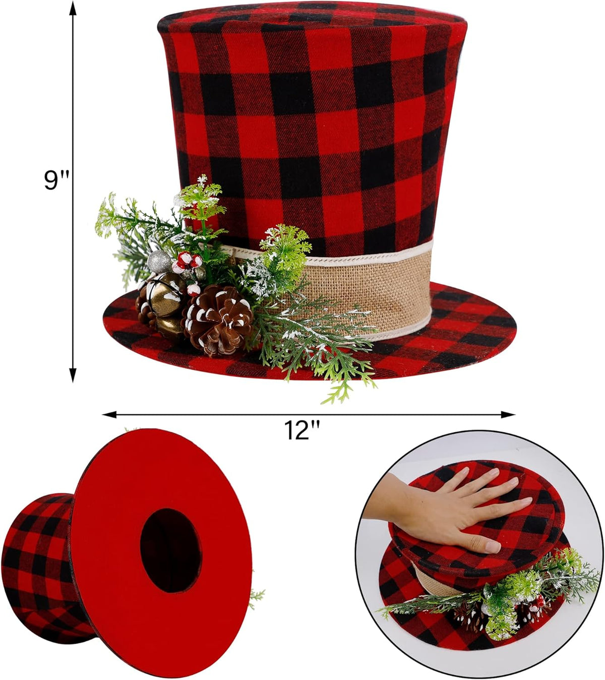 Prsildan Christmas Plaid Top Hat Tree Topper with Pine Cones, Berries, and Bells - Holiday Decor