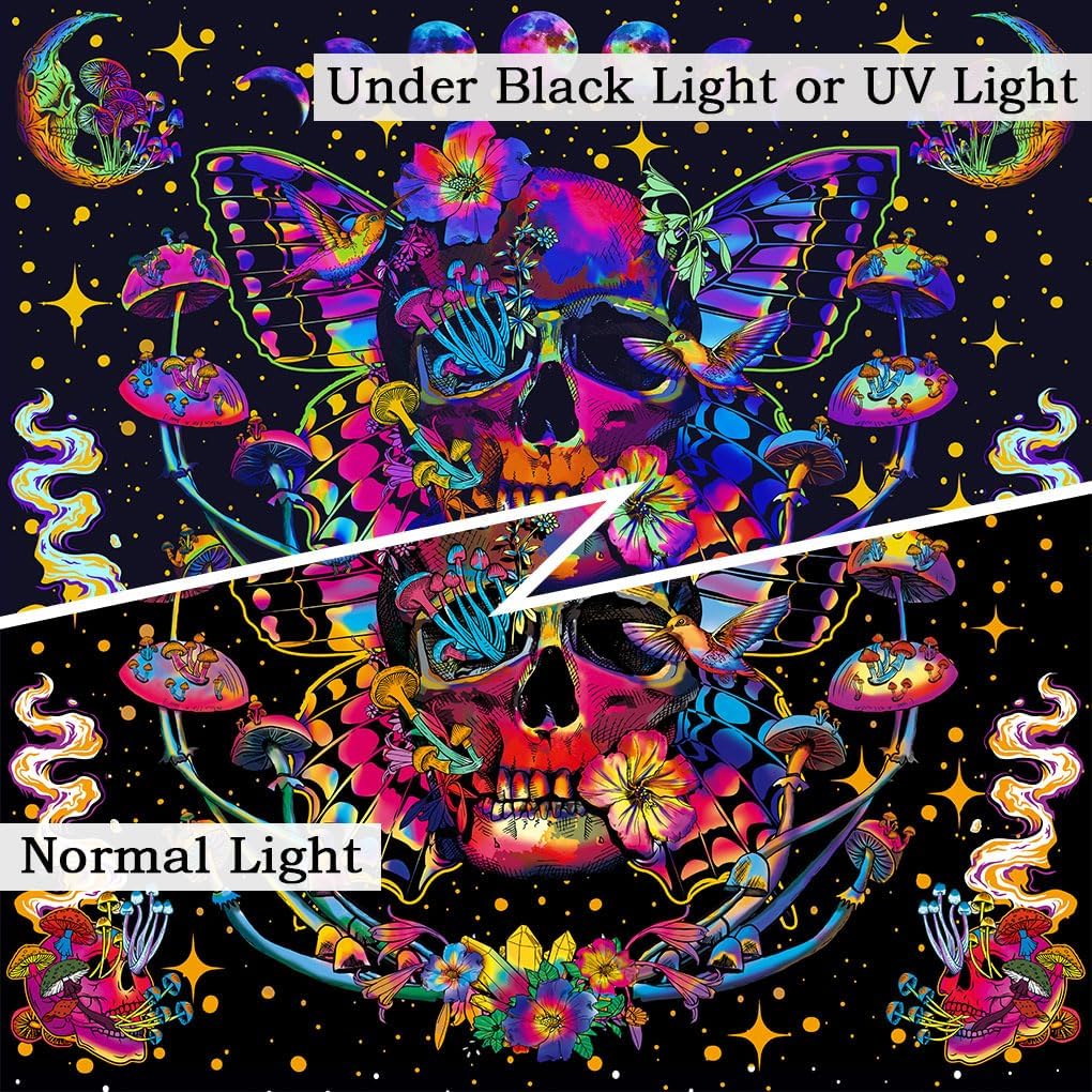 Xiaoput Blacklight Skull Tapestry, UV Reactive Mushroom Butterfly, Aesthetic Moth Moon Flowers, Hippie Skeleton Wall Hanging for Bedroom, Living Room, Home, Dorm 80x60IN