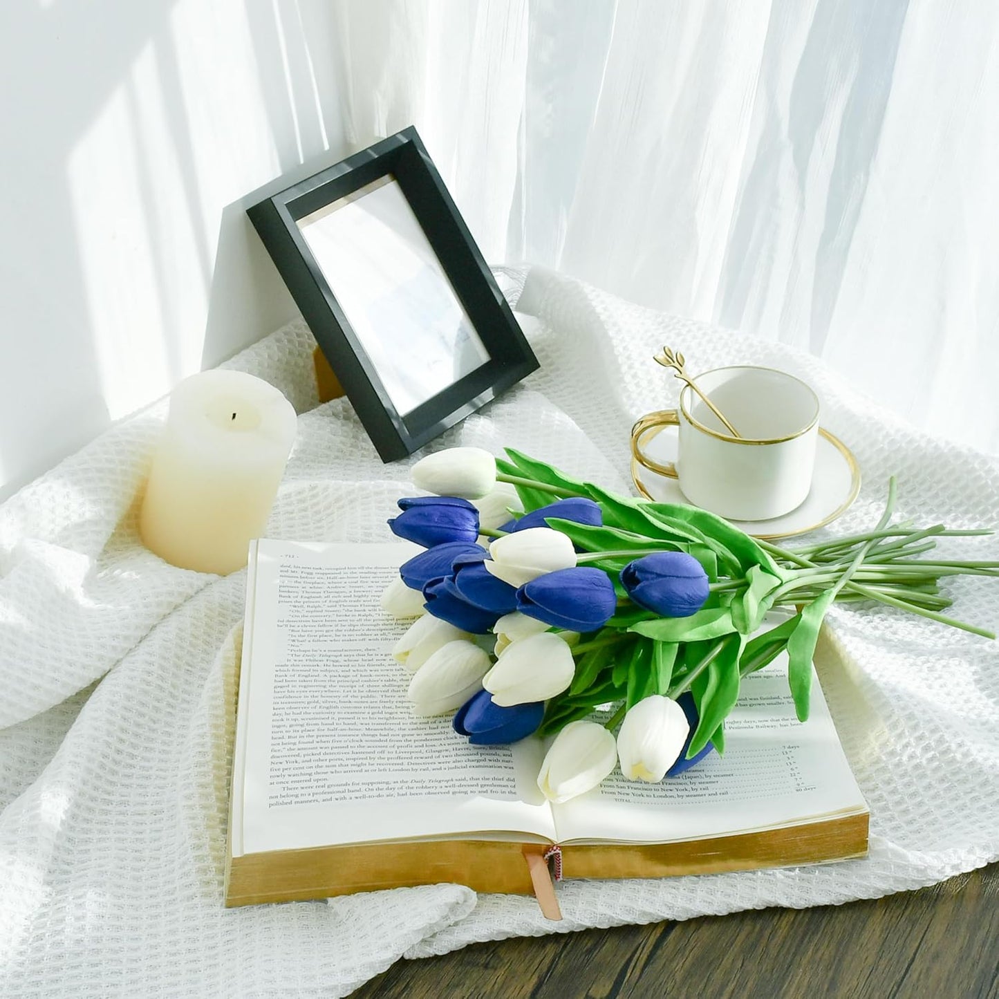 Mandy's Artificial Tulips 20 Stems Blue and White PU Faux Flowers for Wedding Home Decor 13.5 Inch