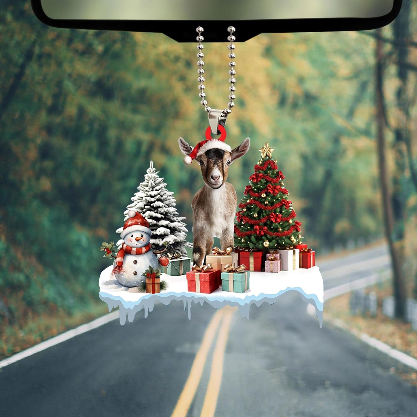 Talataca Goat 2D Flat Christmas Ornament, Goat Gift Boxes Pine Tree Decor, Hanging House Charm Eve Keepsake, Car Rear View Mirror Accessories, Xmas Gift