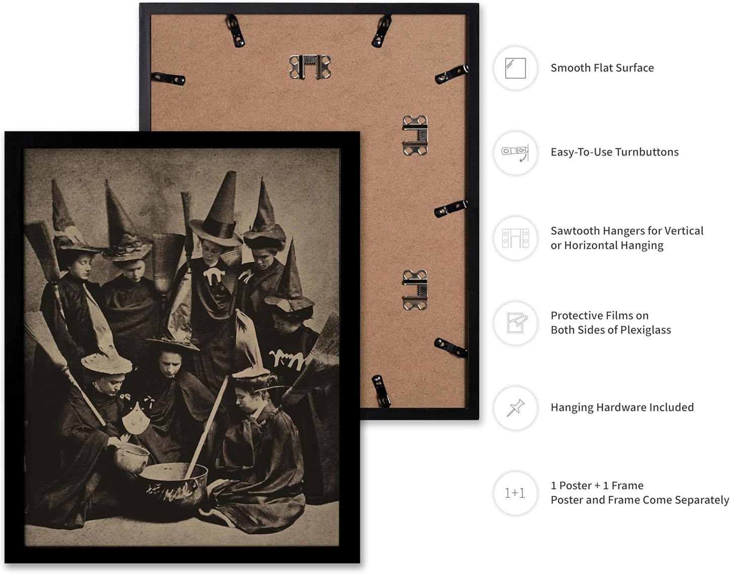 Poster Master Vintage Photograph Poster - Retro Halloween Print - Gift for Artist, Friend - Witches Cooking, Pointy Hats, Broomsticks, Black Magic - Wall Decor for Bedroom, 16x20 Black Framed