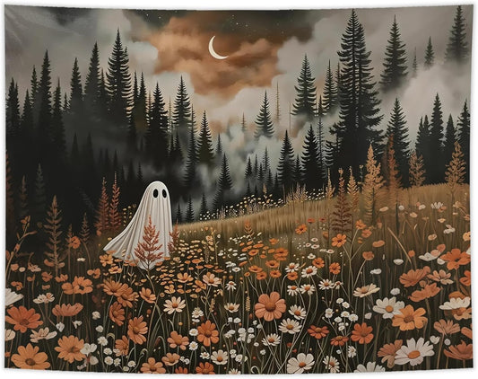 NATSUNO Halloween Tapestry, Halloween Spooky Ghost Wall Tapestry for Bedroom, Whimsical Enchanted Forest Flower Ghost Tapestries Wall Hanging for Home Living Room Decor, 50x60 Inches