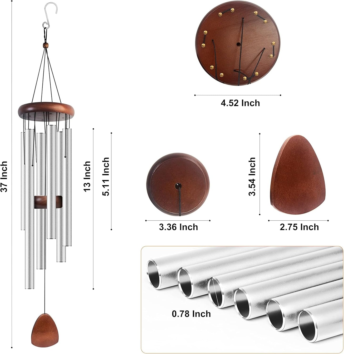 Large Aluminium Wind Chimes 37 Inches to Create a Zen Atmosphere Suitable for Outdoor, Garden, Patio Decoration Classic Chimes with Wind Catcher Suitable as A Gift for Unisex Silver 2 Pack