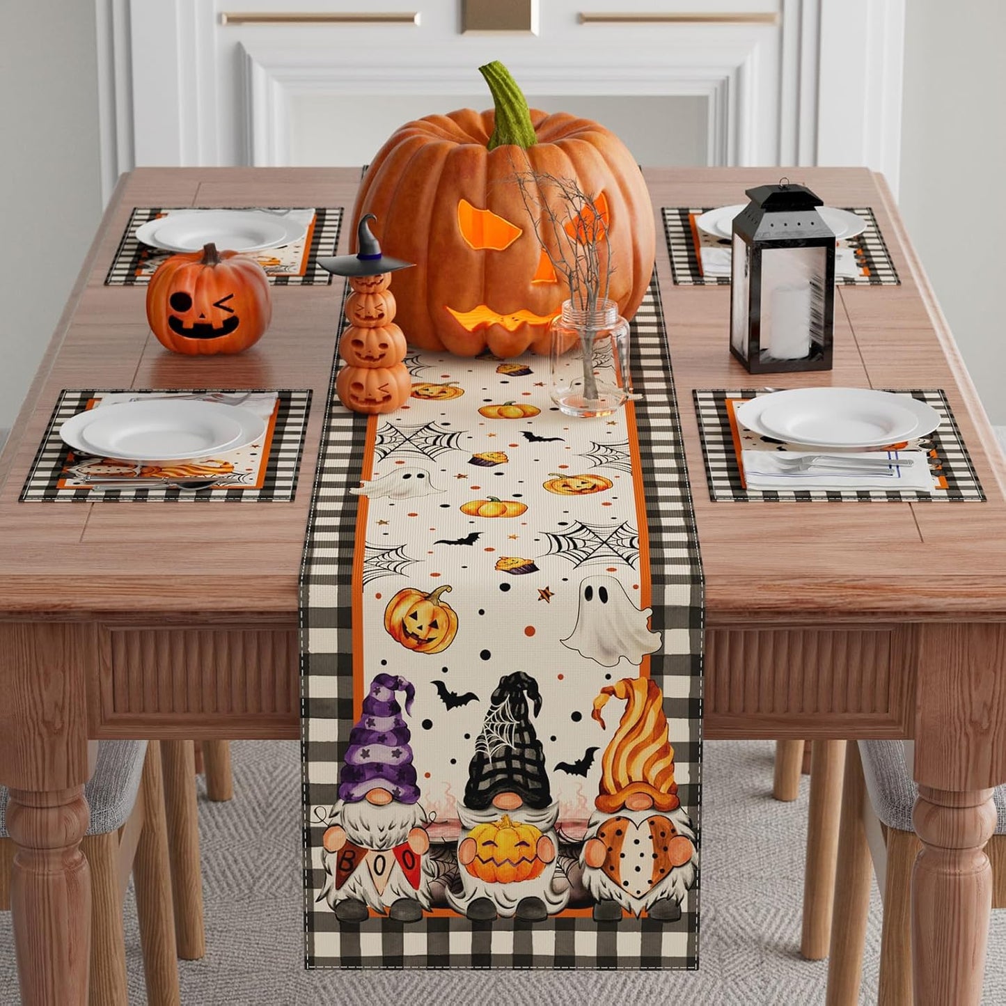 XCHI Spooky Boo Plaid Gnome Halloween Table Runner Party Table Decoration for Home Kitchen Dining Holiday Decor 13x60 Inch
