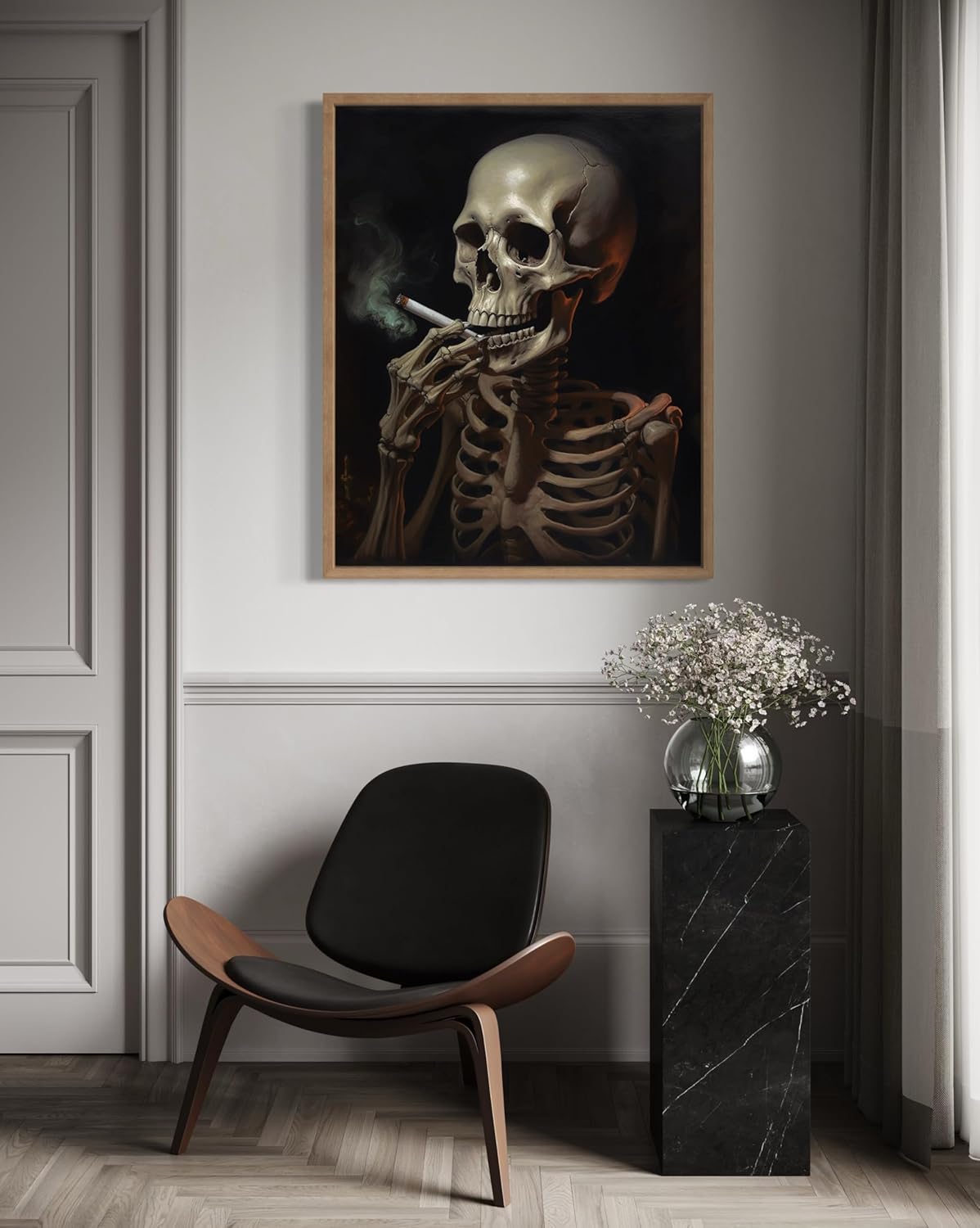 Skull Smoking Ciggarettes Poster Art Print, Halloween Scary Vintage Wall Art Academia Spooky Painting Decoration for Horror Prints, Gothic Posters Bedroom Decor 89 (Skull Smoking Ciggarettes, 8 x 10 inches, Wood Frame)