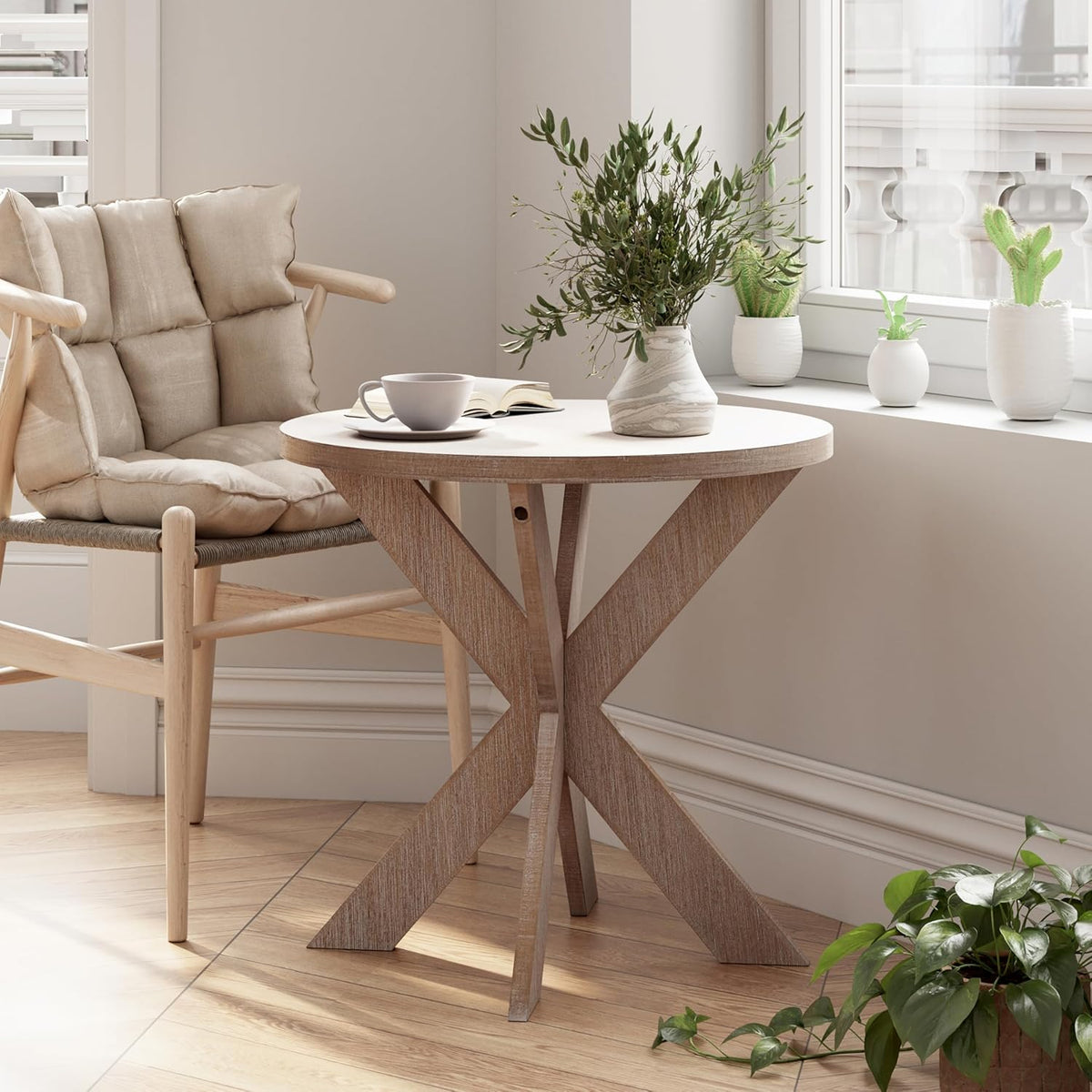 Farmhouse Cross Leg end Table, French Country Accent Side Table for Family, Dinning or Living Room, Small Spaces, Modern, Round, Vintage Grey Finish.