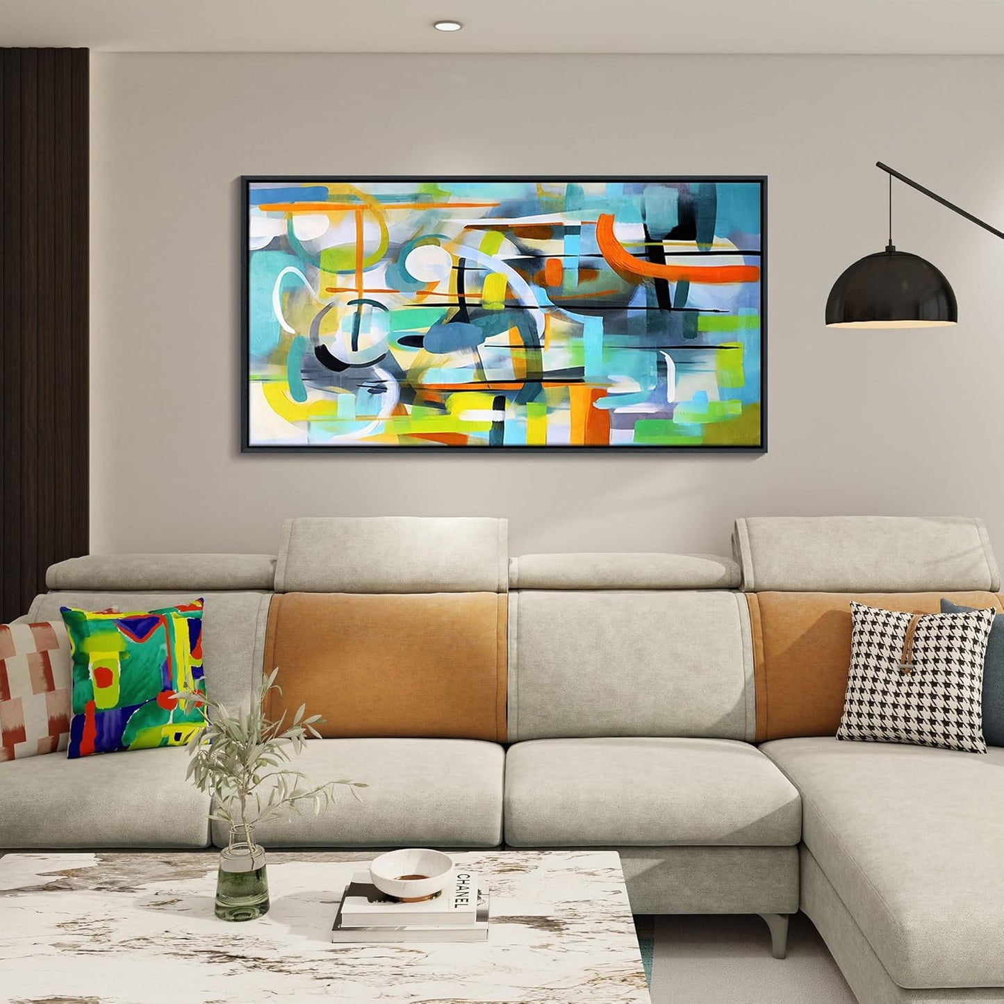 Mofutinpo Abstract Wall Art- Framed Modern Colorful Canvas Wall Pictures-Teal And Blue Line Art -Pictures for Living Room Wall Decoration- Graffiti Paintings for Bedroom-Office Wall Decor 24×48IN