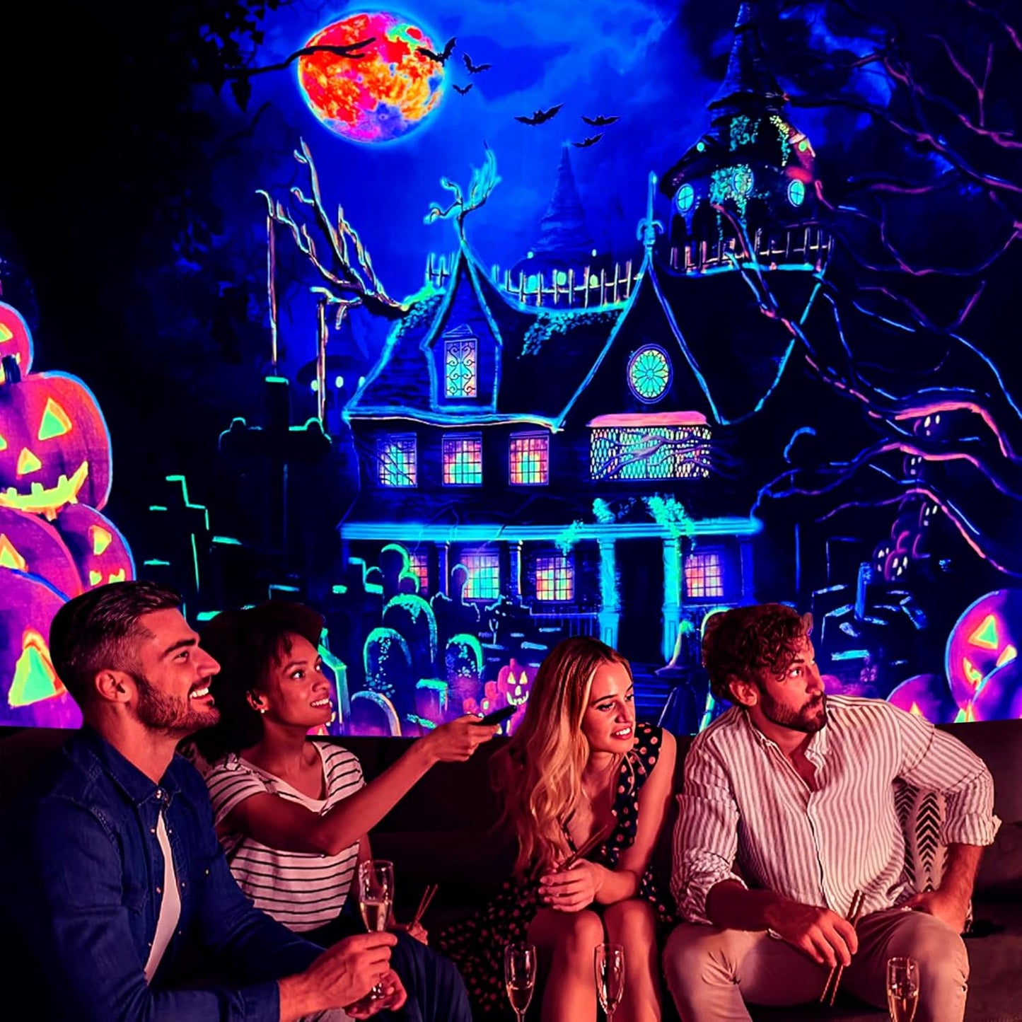 OSVINO Blacklight Halloween Castle Tapestry 79"x59" Pumpkins Bats Crosses Backdrop Bedroom Aesthetic Hippie Room Decor Glow in The Dark Wall Poster for Halloween Easter