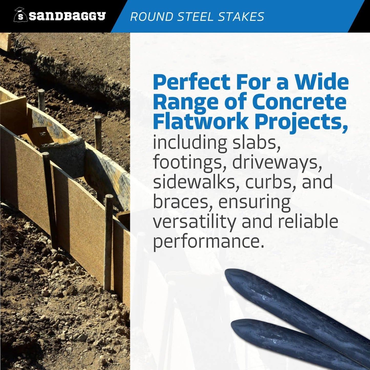 Sandbaggy Round Steel Concrete Form Stakes with Nail Holes - Rust Resistant Coating - Removable, Reusable (5, 3/4 in X 12 in)
