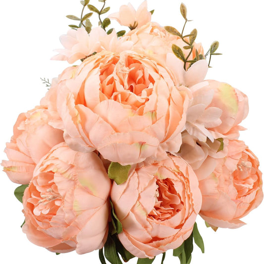 Duovlo Springs Flowers Artificial Silk Peony Bouquets Wedding Home Decoration,Pack of 1 (Spring Orange-Pink)