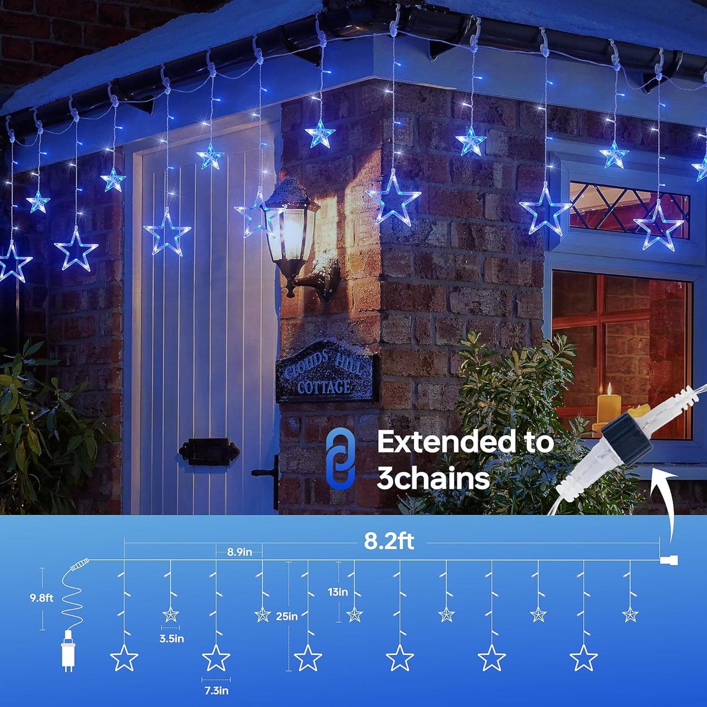 126L Blue White Christmas Star Icicle Lights, 8.2FT Clear Curtain Fairy String with Connectable, Timer 8 Modes Memory, Waterproof Hanging for Eaves, Party, Wedding Indoor Outdoor Decorations