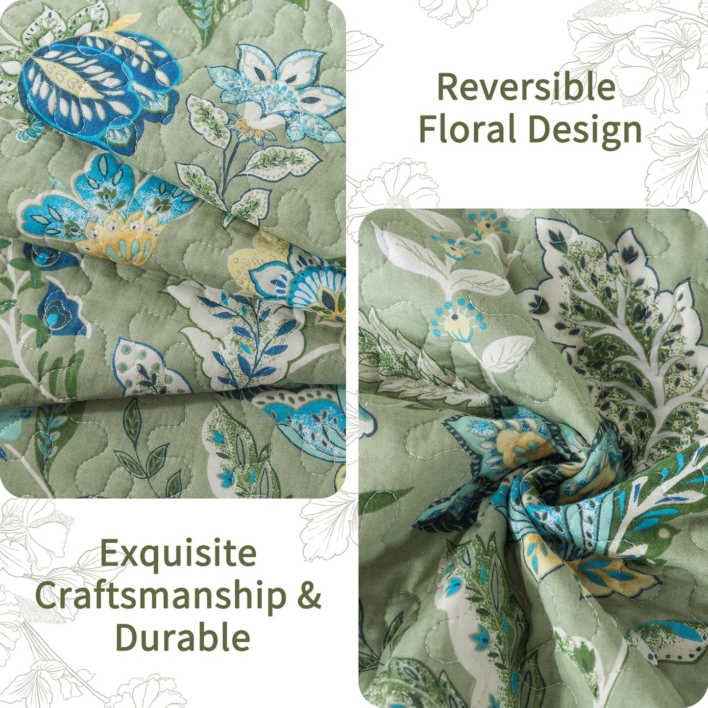 VAPUTAR King Quilt Bedding Set - Cotton Bedspreads King Size (98 x 106 inch) with Floral Pattern, Farmhouse Lightweight King Size Quilt Suitable for All Season（3 Pieces, Olive Green）