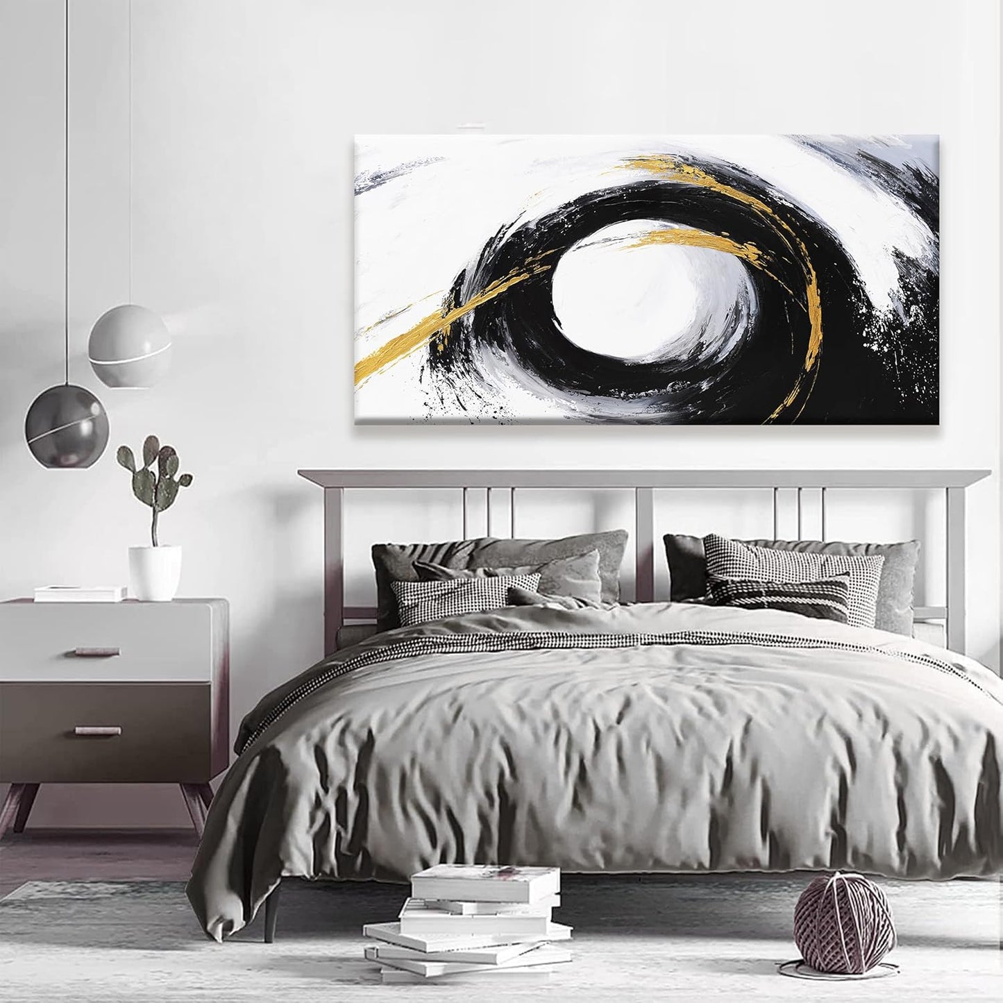 QSQ Black And Gold Wall Art Modern Abstract Wall Decor Canvas Prints Picture White Canvas Art Wall Decor Modern Abstract Wall Artwork Bedroom Living Room Office Home Decoration 24" X 48"