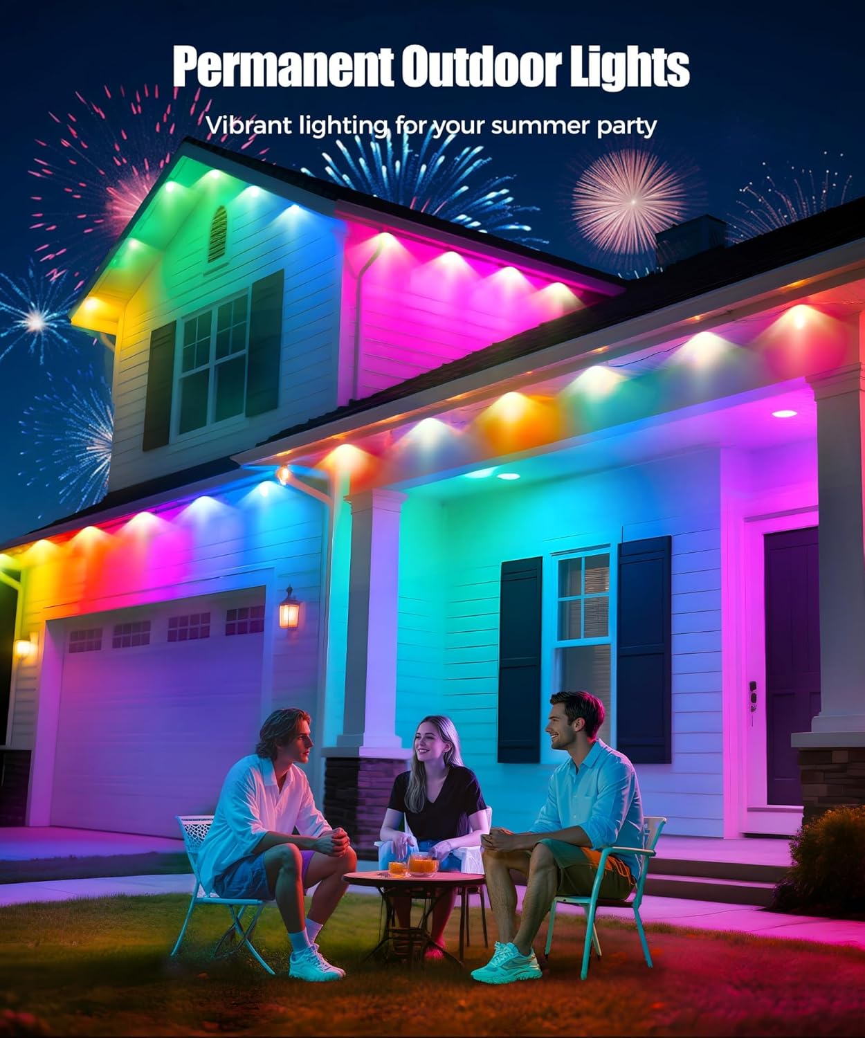 POOFZY Permanent Outdoor Lights for House, 100ft RGB+IC Smart Outdoor Decor, 50 Scene Modes, App/Remote Control, IP67 Waterproof, for Christmas, Holiday, Daily & Pool Party Decor, House Roof Lighting