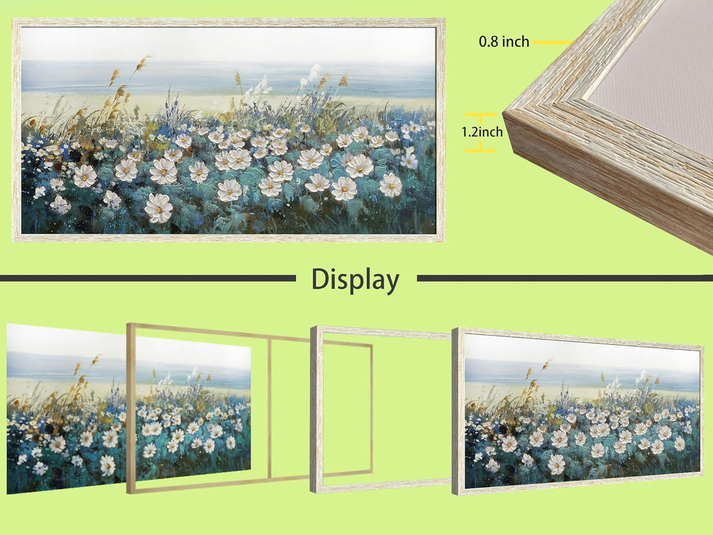 Arjun Flowers Wall Art Canvas White Daisy Floral Painting Blue Coastal Landscape Turquoise Floral Scenery Picture Artwork for Living Room Bedroom Office Home Wall Decor, Framed Extra Large 58"x29"