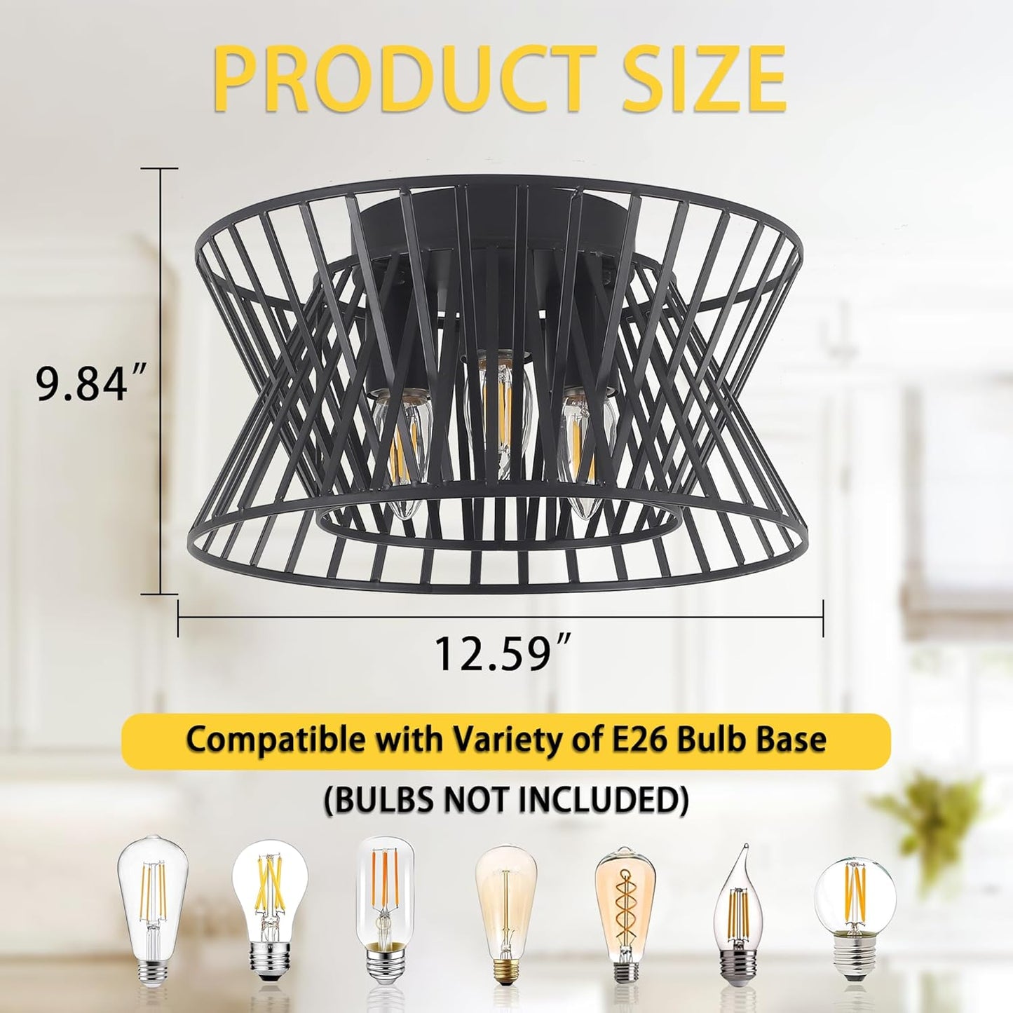 3-Lights Black Ceiling Light Vintage Geometric Chandelier Light Fixture Adjustable Metal Semi Flush Mount Lighting for Kitchen Room Dining Room Foyer