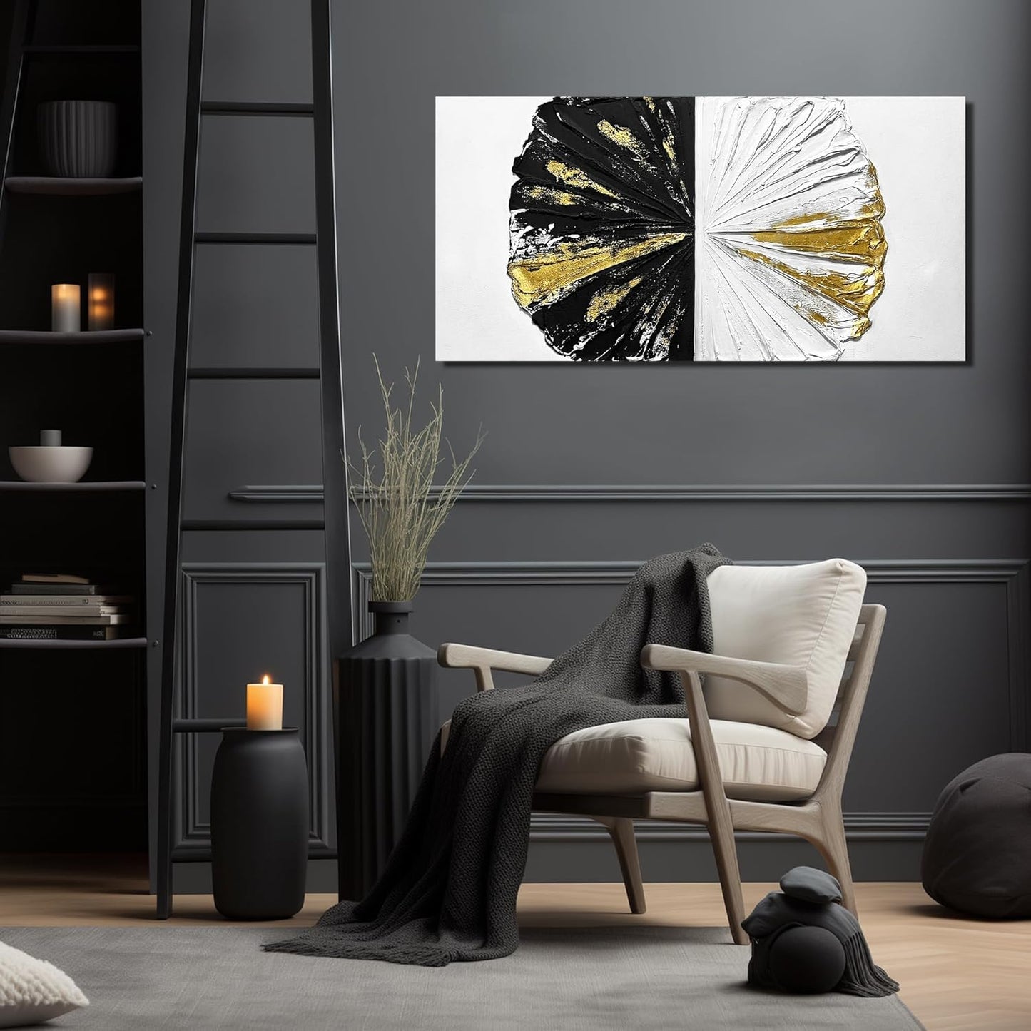 Abstract Wall Art for Living Room Black White and Gold Pictures Wall Decor for Office Circles Painting Wall Art for Bedroom Size 20 x 40 Inch