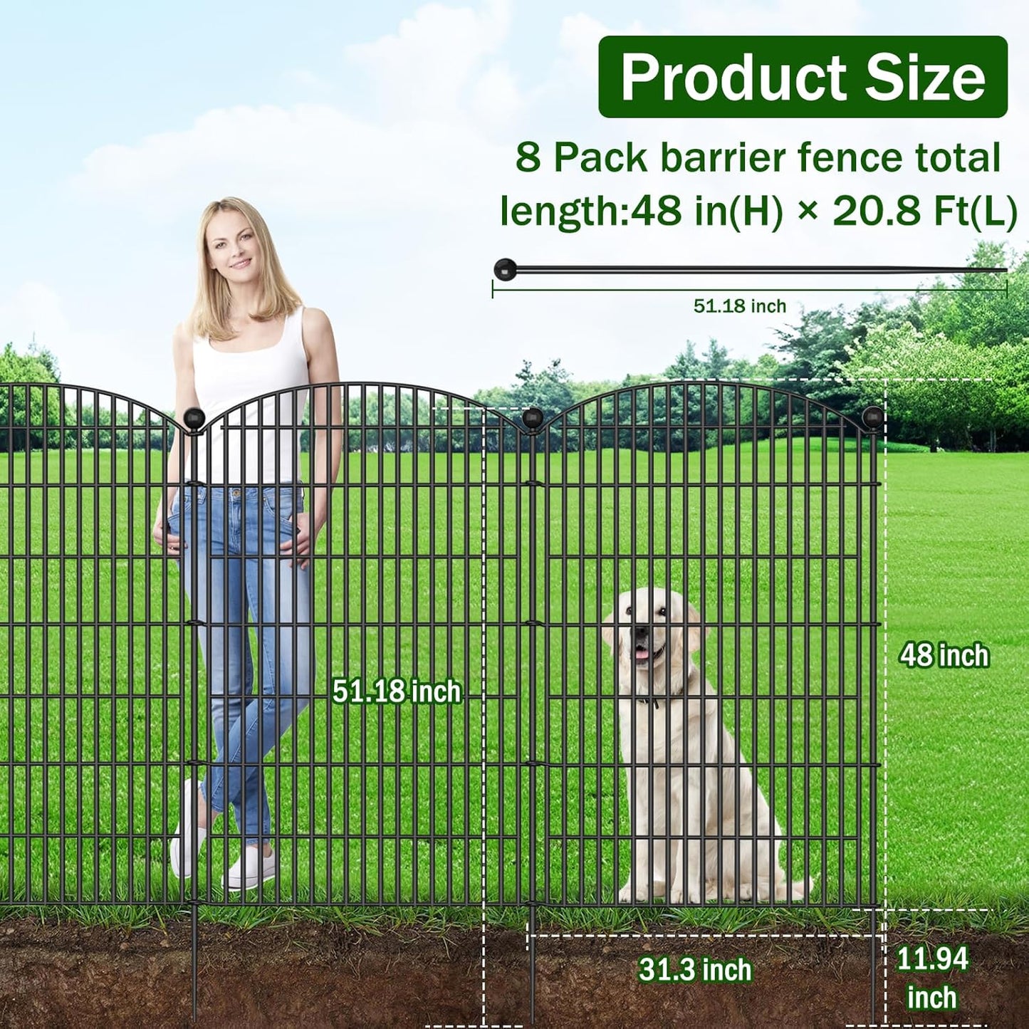 8 Panels No Dig Decorative Garden Fence with Gate - 48 in (H) x 20.8 ft (L), Dog Fence Outdoor for Yard, Rustproof Metal Animal Barrier Ground Stakes Fencing for Garden, Patio, Flower Bed