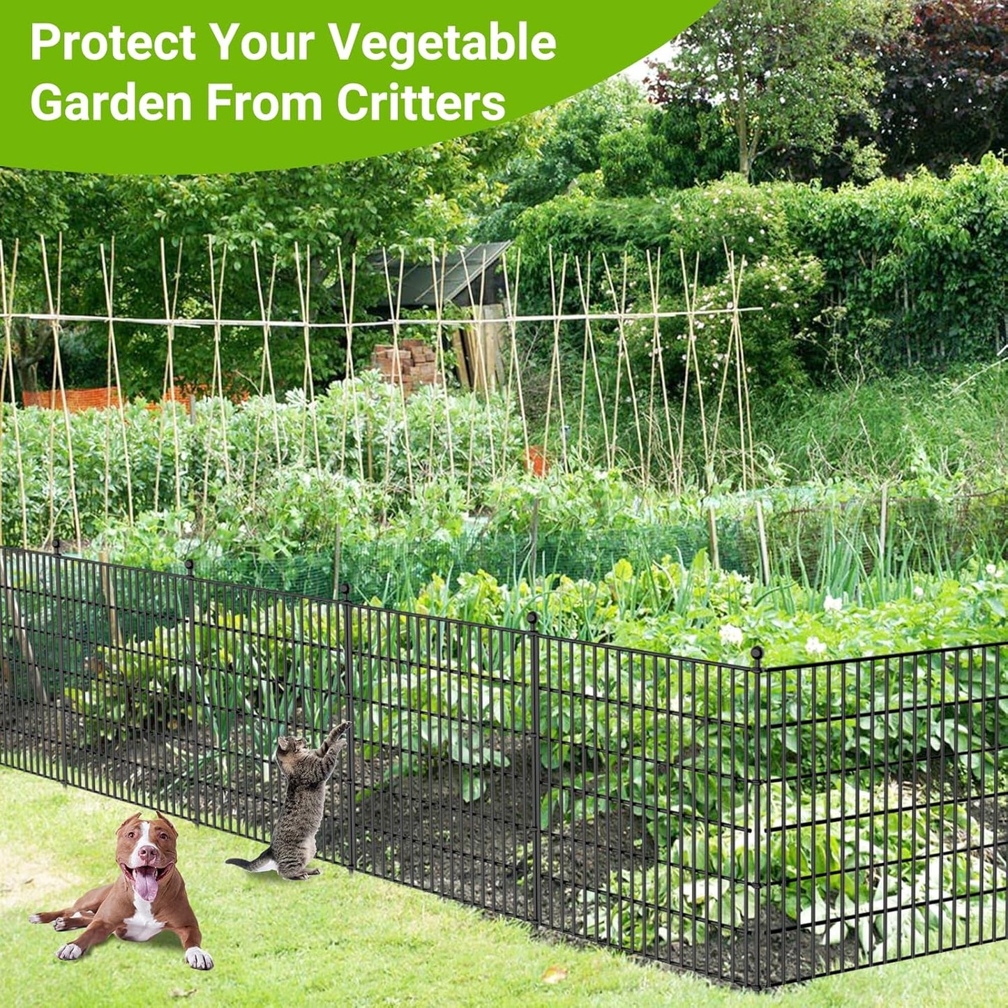 4 Panels No Dig Decorative Outdoor Garden Fence for Yard, 48 in(H) X 10.5 ft(L) Animal Barrier Fencing Rustproof Metal Wire Panel Border for Dog, Rabbits, and Patio Temporary Ground Stakes