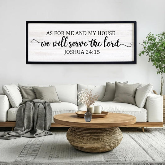 As For Me And My House We Will Serve The Lord Framed Wall Art, 40''×15'' Vintage Positive Religious Rustic Bible Verse for Christian God Jesus Christ Prayer, Horizontal Holy Catholic Scripture Decor