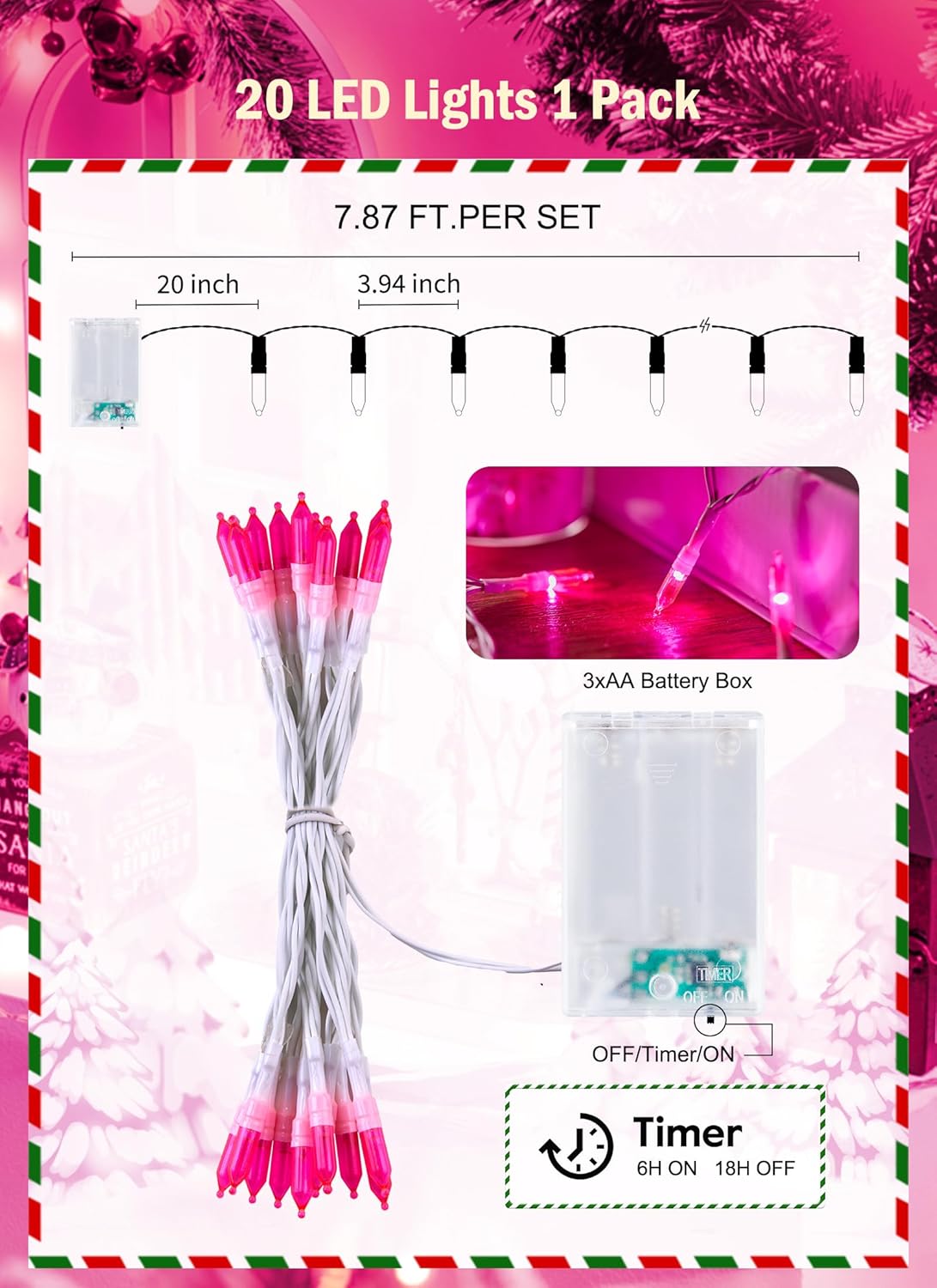 Battery Operated Christmas String Lights, 8ft 20 LED Mini Lights with Timer, Christmas Tree Lights for Indoor Outdoor Bedroom Wedding Party Holiday Xmas Decoration，Pink