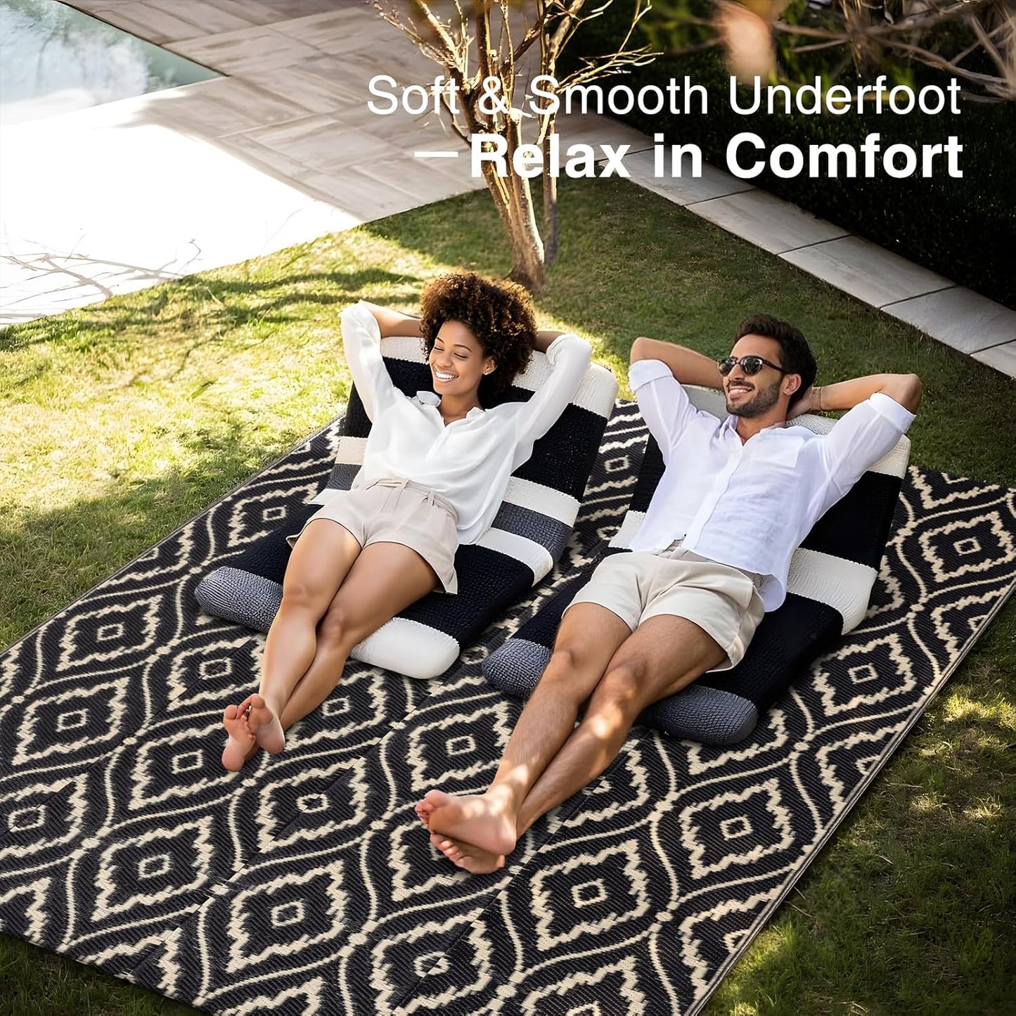 OLANLY Outdoor Rug 5x8 ft Waterproof, Outdoor Plastic Straw Rug with Geometric Pattern Clearance, Reversible RV Mat for Patio, Camping, Balcony, Deck, Backyard, Black & Beige