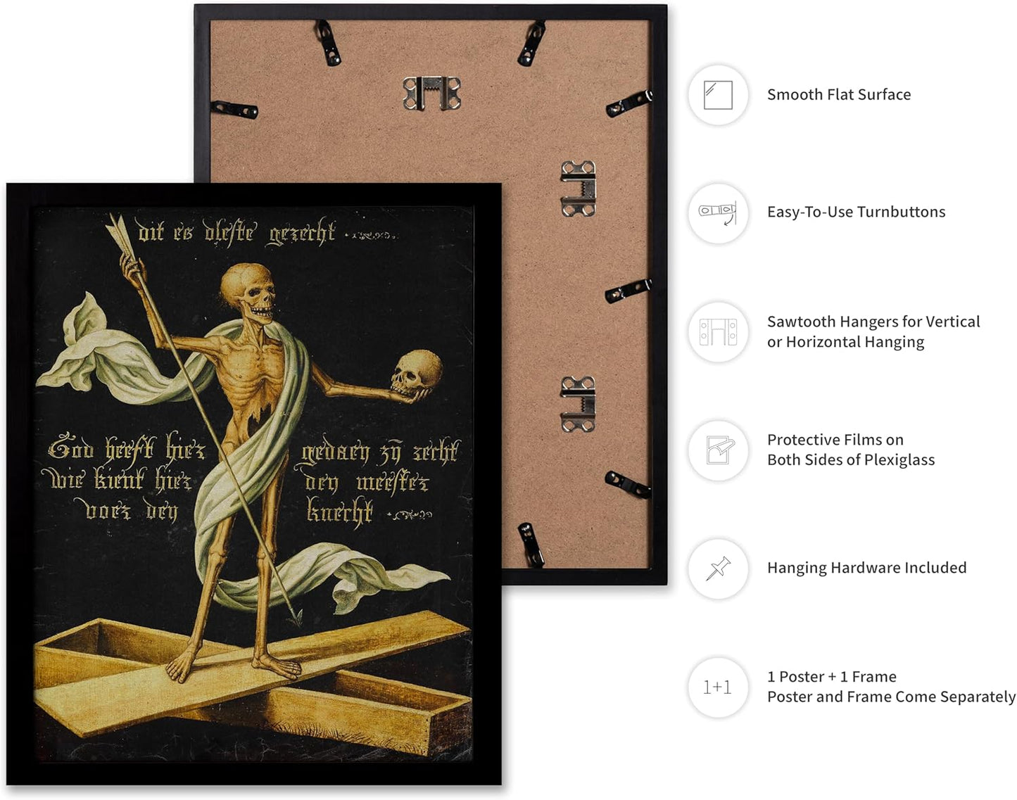 Poster Master Vintage Medieval Poster - Retro Gothic Print - Gift for Artist, Friend - Allegory of Life and Death, Skeleton, Dark, Skull - Wall Decor for Home, Living Room, 8x10 Black Framed