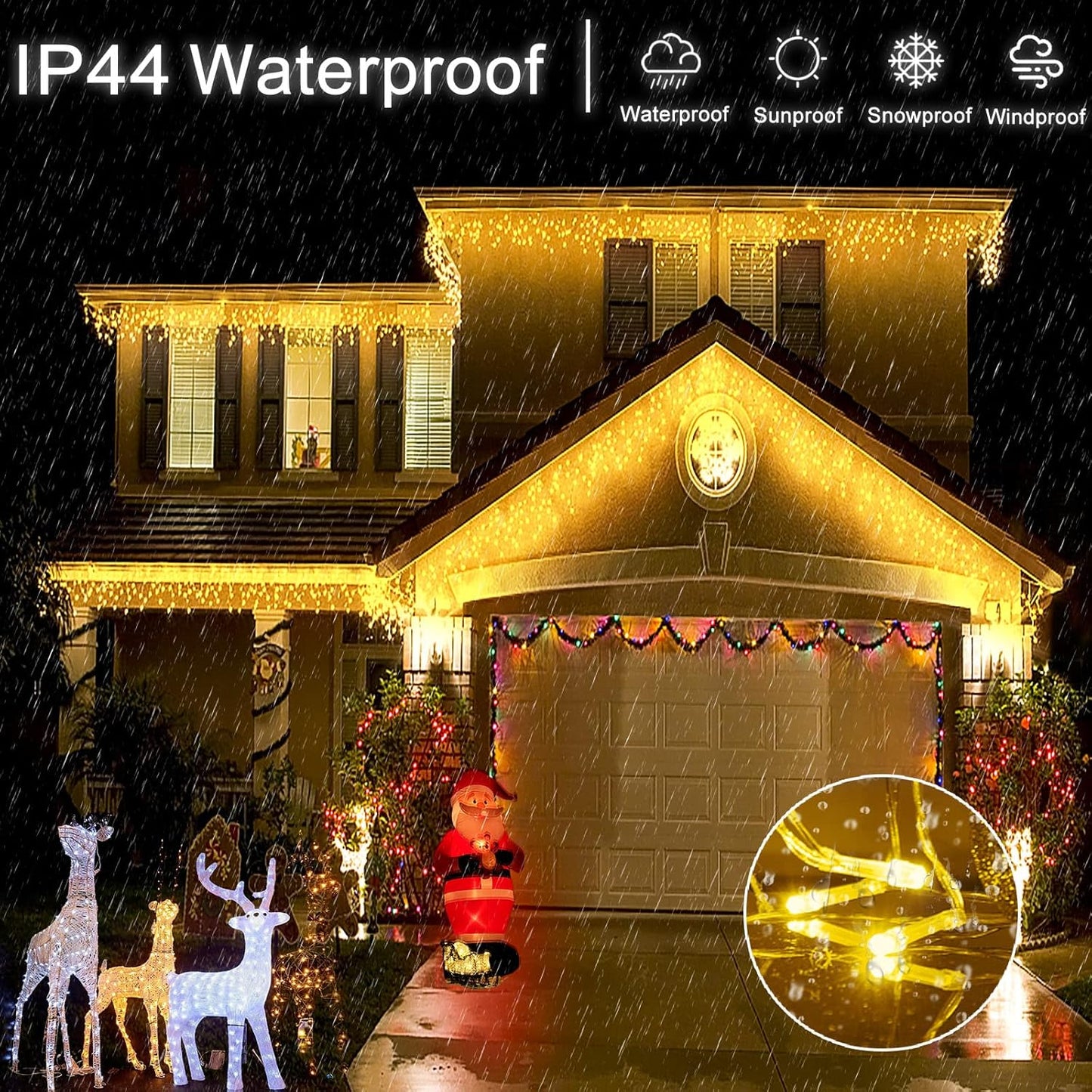 Icicle Christmas Lights Outdoor, 66ft 640 LED Icicle Lights for Outside 8 Modes with 75 Drops, Plug in Christmas Light for House Indoor Holiday Wedding Christmas Decorations, Warm White