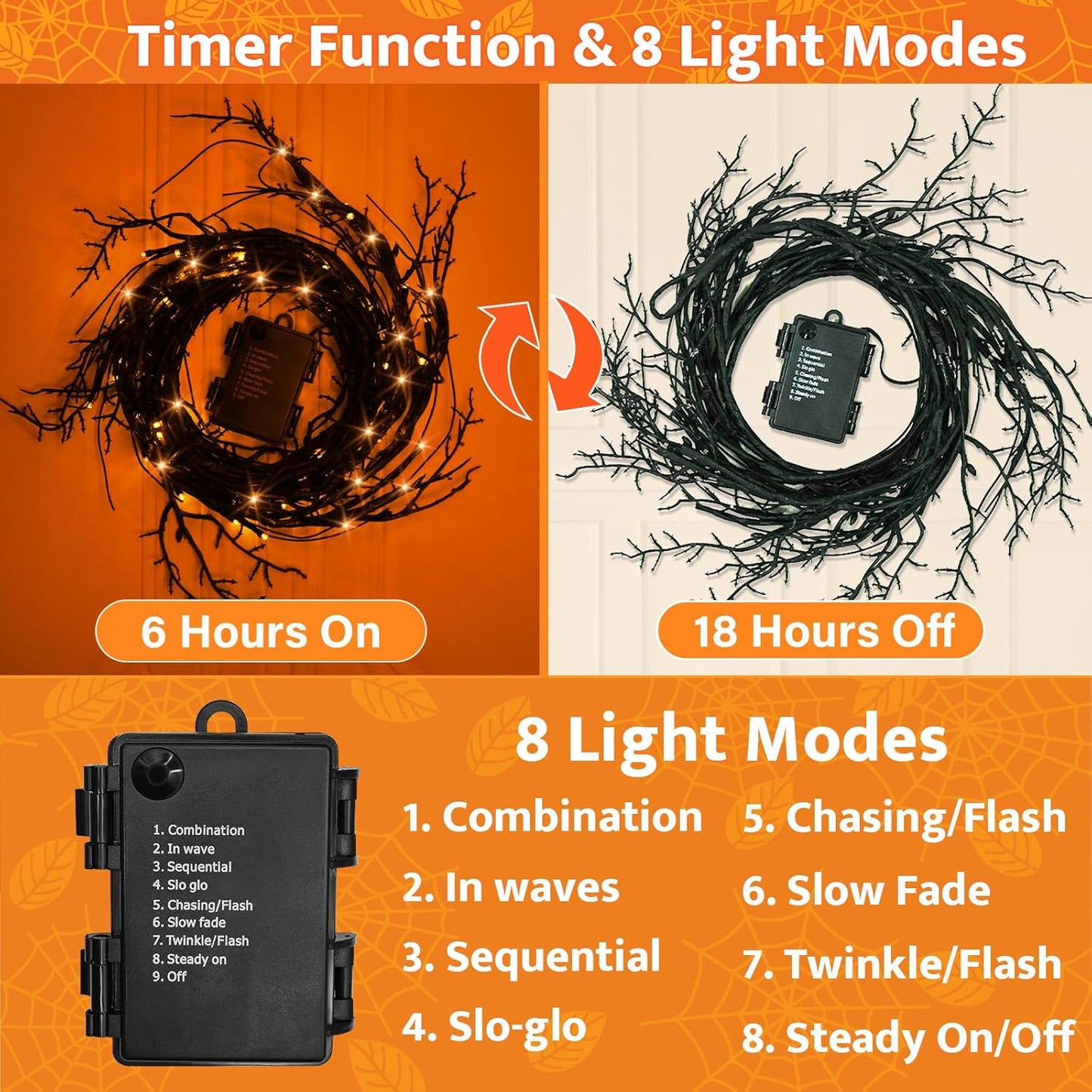 9 FT 72LED Halloween Willow Vine Twig Decor Branches Garland with Lights - 8 Modes Timer - Waterproof Battery Operated for Indoor Wall Fireplace Halloween Decorations