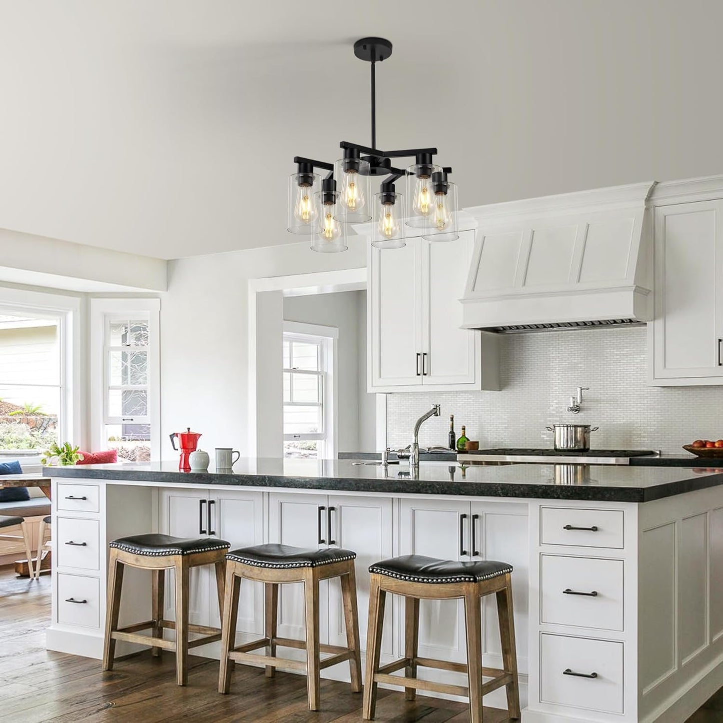 6-Light Black Modern Farmhouse Chandelier for Dining Room Ceiling Light Fixture with Clear Glass Shades, Adjustable Hanging Industrial Pendant Lighting for Living Room Kitchen Island Bedroom Entryway