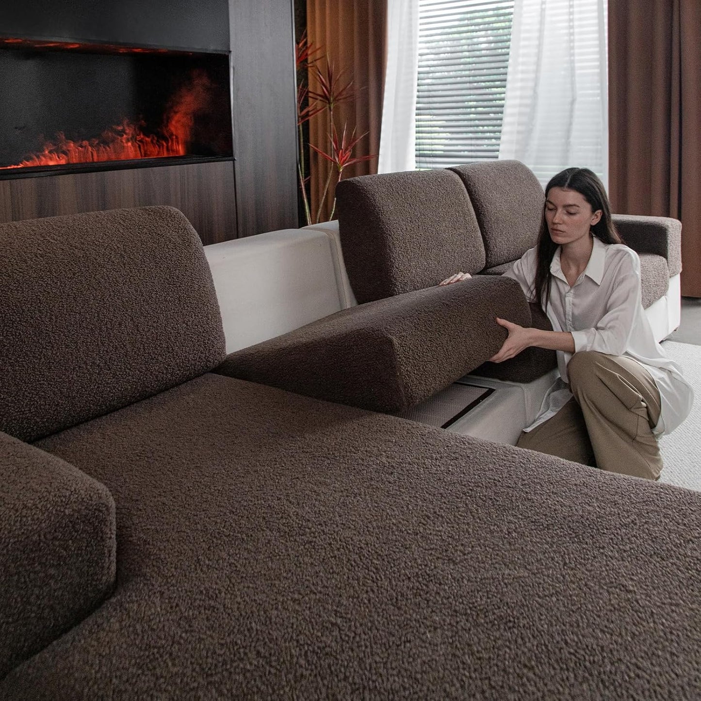 Couch Cushion Covers for Sectional Sofa, Stretch Soft Sofa Slipcovers Washable Wear-Resistant Universal Furniture Protector for Living Room(2 Seaters Covers, Brown)