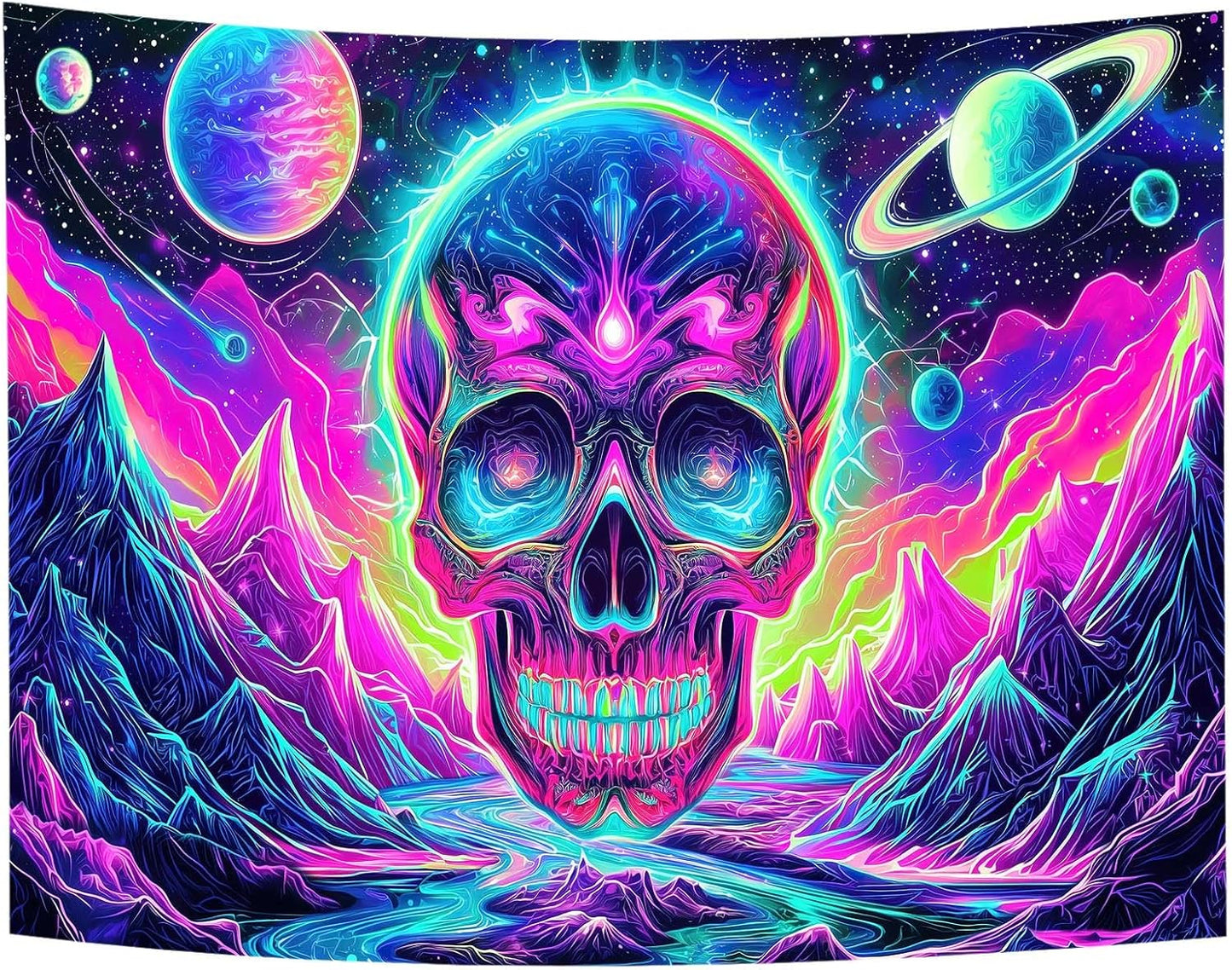 Blacklight Skull Tapestry, UV Reactive Gothic Skeleton Mountain Galaxy Planet Wall Hanging Tapestries, Glow in the Dark Horror Face Halloween Aesthetic Poster for Bedroom Living Room Decor 40X30IN